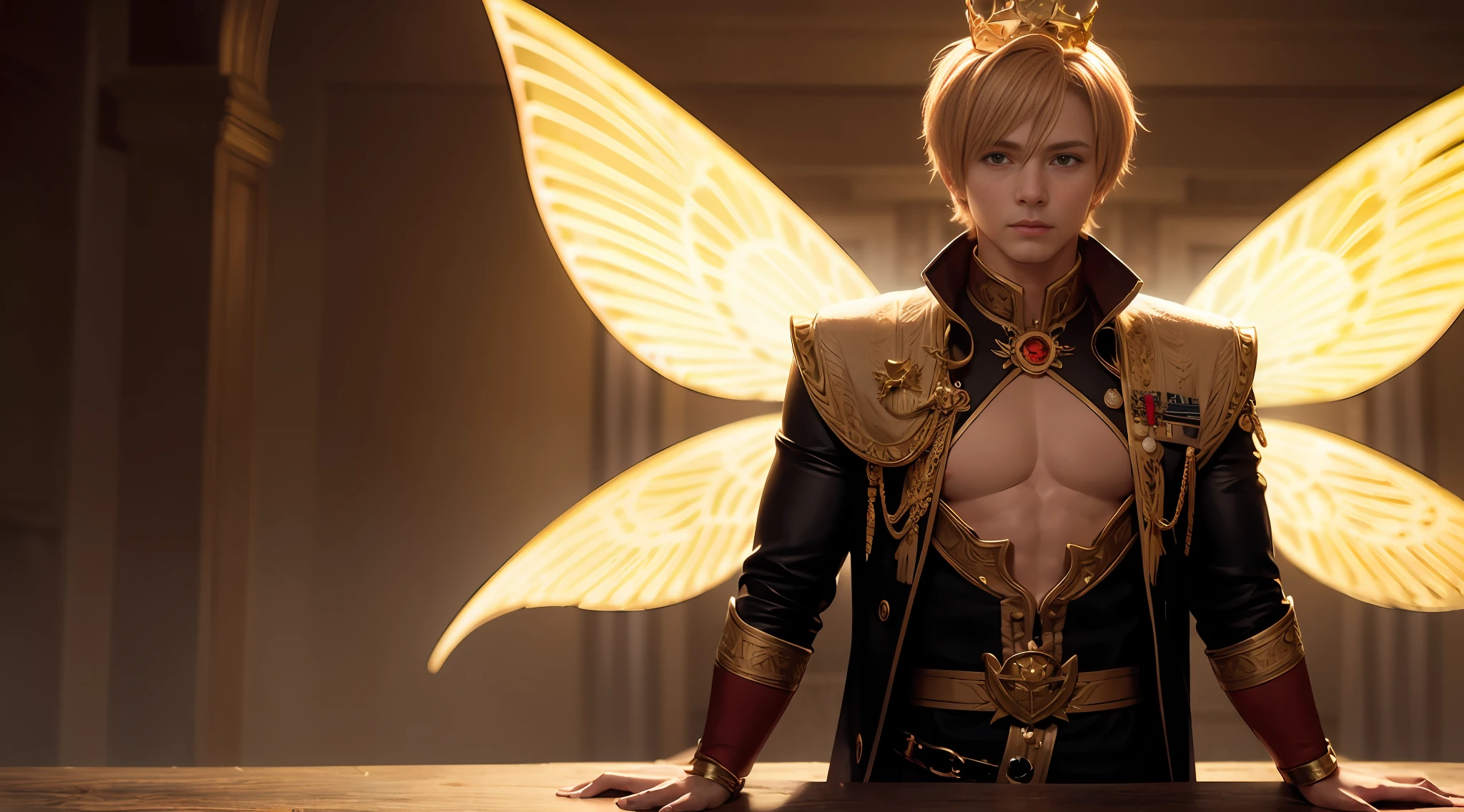 masterpiece, 8k, perfect ligthing, soft light, nice adult man, royalty, royal, golden wings, crown royal gold, chest out, male, full body, looking at viewer, arm behind back, cinematic lighting, fairy male man with red and gold details --auto