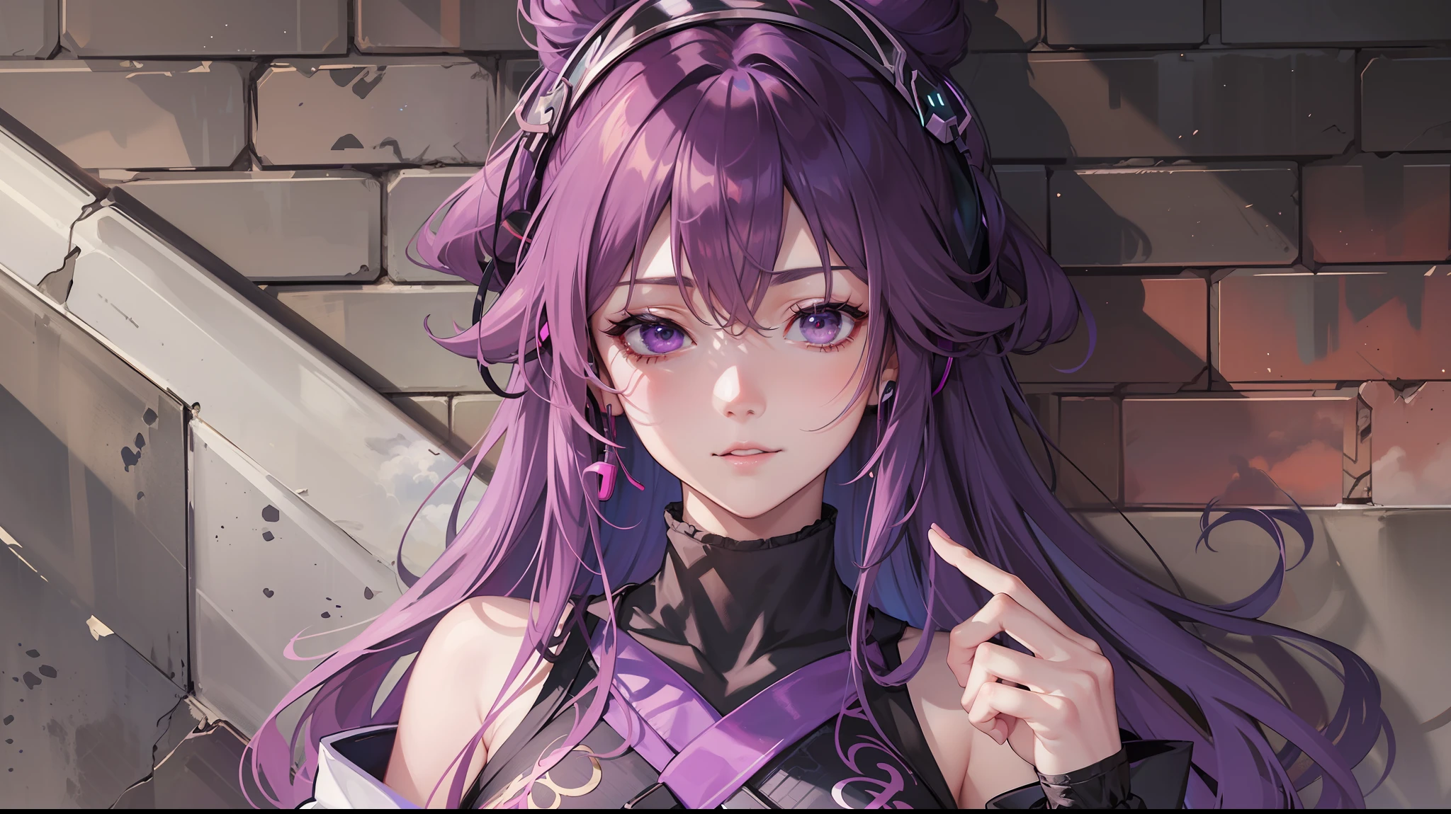 Woman with peace sense headset, closed eyes, beautiful face, RGB colors, bright purple hair, anime, bright background, banner for youtube video, happy girl, clouds with RGB colors, bright RGB colors, full.