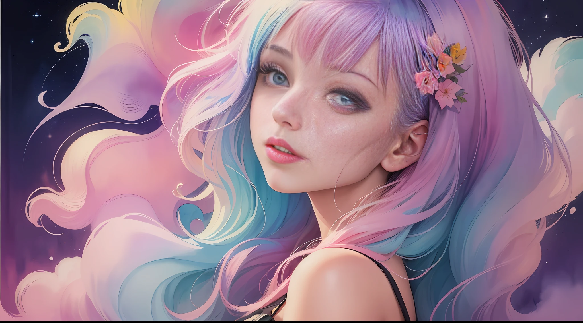 (masterpiece, top quality, best quality,watercolor (medium),official art, beautiful and aesthetic:1.2),(1girl:1.3), (fractal art:1.3),upper body, from side, looking at viewer,patterns,(rainbow color Hair,colorful hair,half blue and half pink hair:1.2),water,liquid, cloud,colorful, starry,stars,