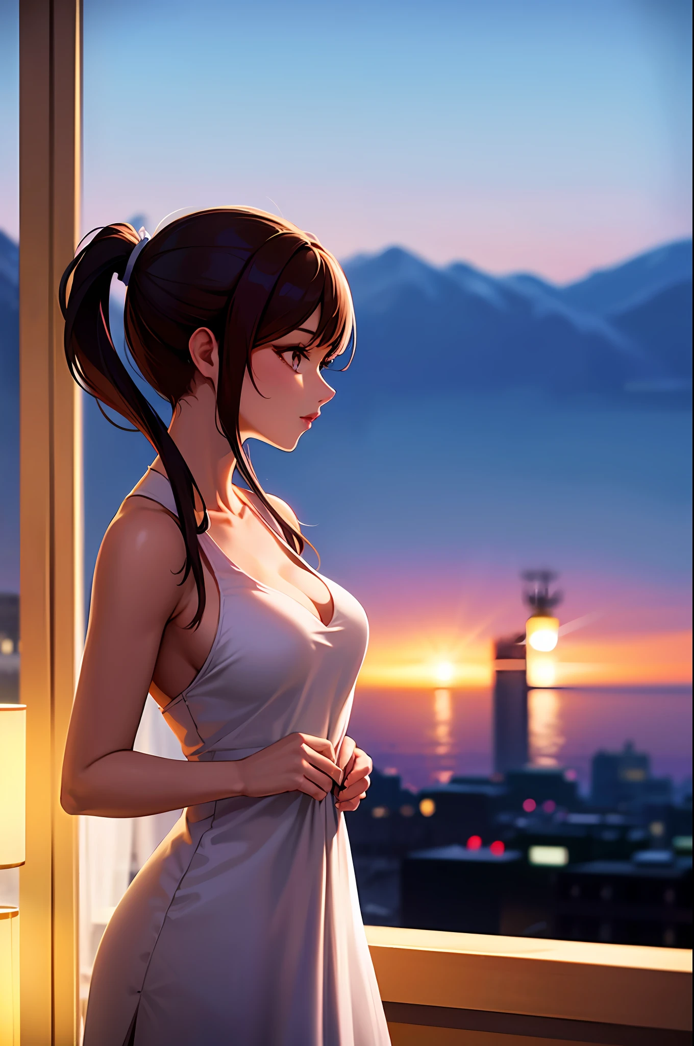 woman posing for a photo, (wearing deep_v-neck_dress:1.2), (long_ponytail_hairstyle:1.3),
good hand,4k, high-res, masterpiece, best quality, head:1.3,((Hasselblad photography)), finely detailed skin, sharp focus, (cinematic lighting), night, soft lighting, dynamic angle, [:(detailed face:1.2):0.2],(((5 stars hotel background))),