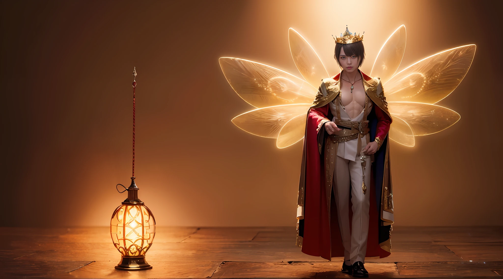 masterpiece, 8k, perfect ligthing, soft light, nice adult man, royalty, royal, golden wings, crown royal gold, chest out, male, full body, looking at viewer, arm behind back, cinematic lighting, fairy male man with red and gold details --auto