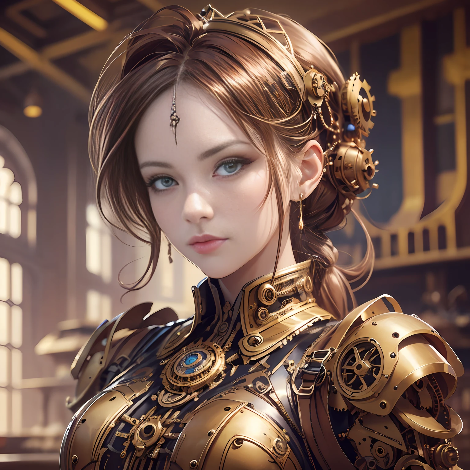 (masterpiece), (best quality), photorealism, realistic, ultra detailed, perfect face, perfect body, 1girl, beautiful girl, girl in steampunk armor, mechanical armor, steampunk style, sexy, cinematic, indoor, in the work shop