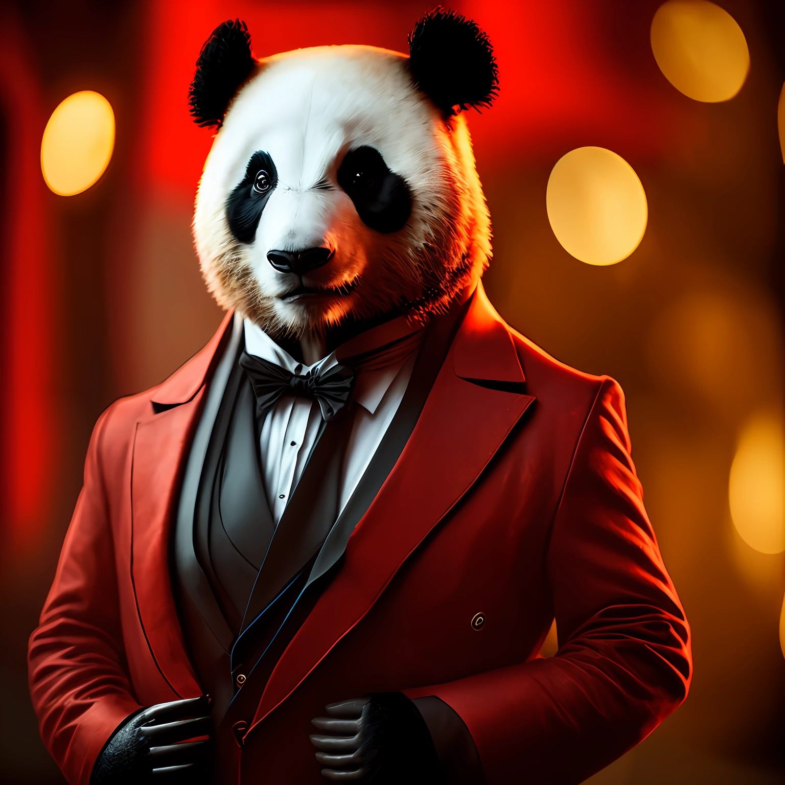 The head is a panda and the body is a human man, colorful flashy suit, Hosomi, hands in pockets, dandy --auto