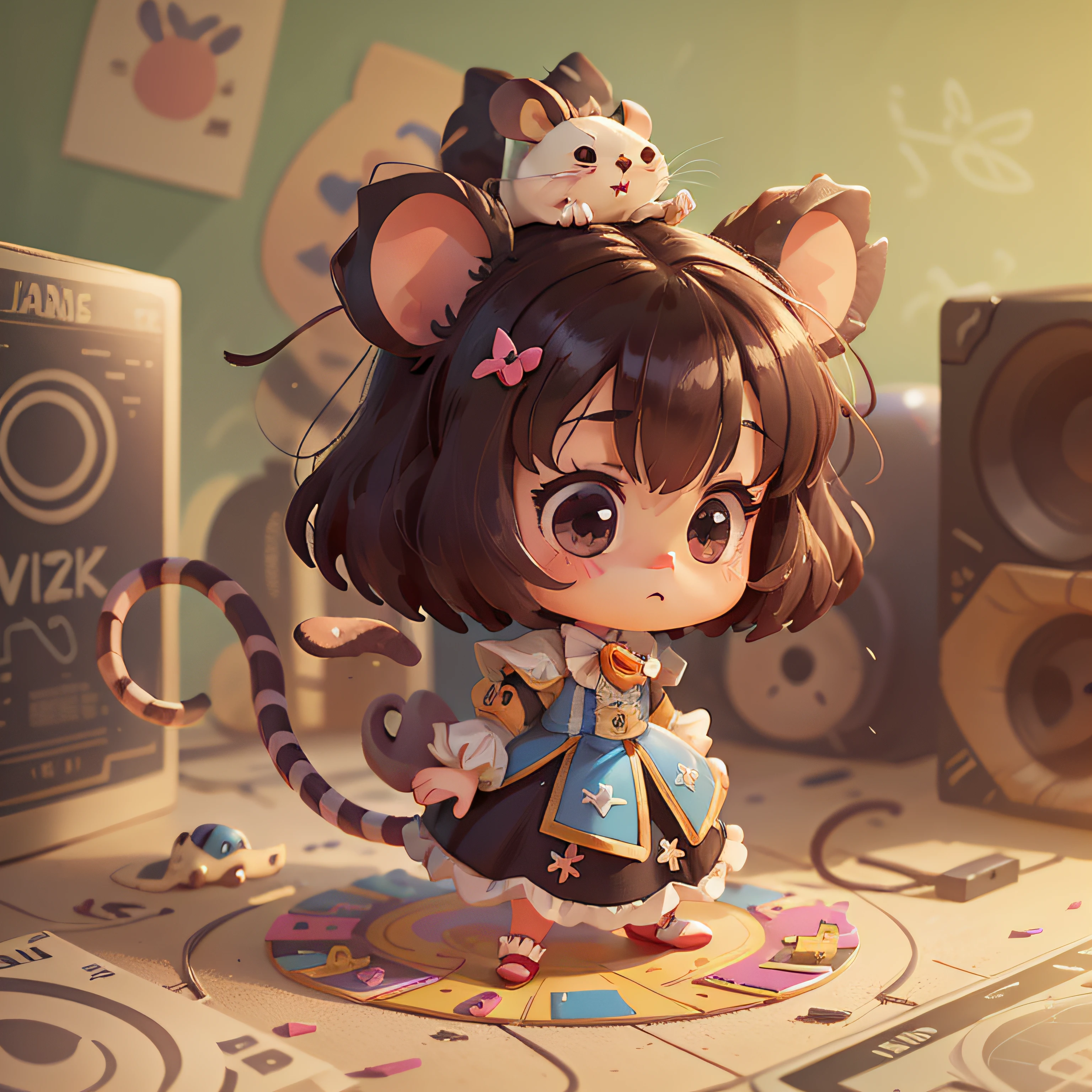 cute, chibi, mice, PFP, bigbadejo, portrait, masterpiece, 3D Rendering, Best Quality, Lots of Detail, (plain background), (vinyl toy figurine), (perfect hands), (full body), female, (dorothy),(magic of oz), action pose
