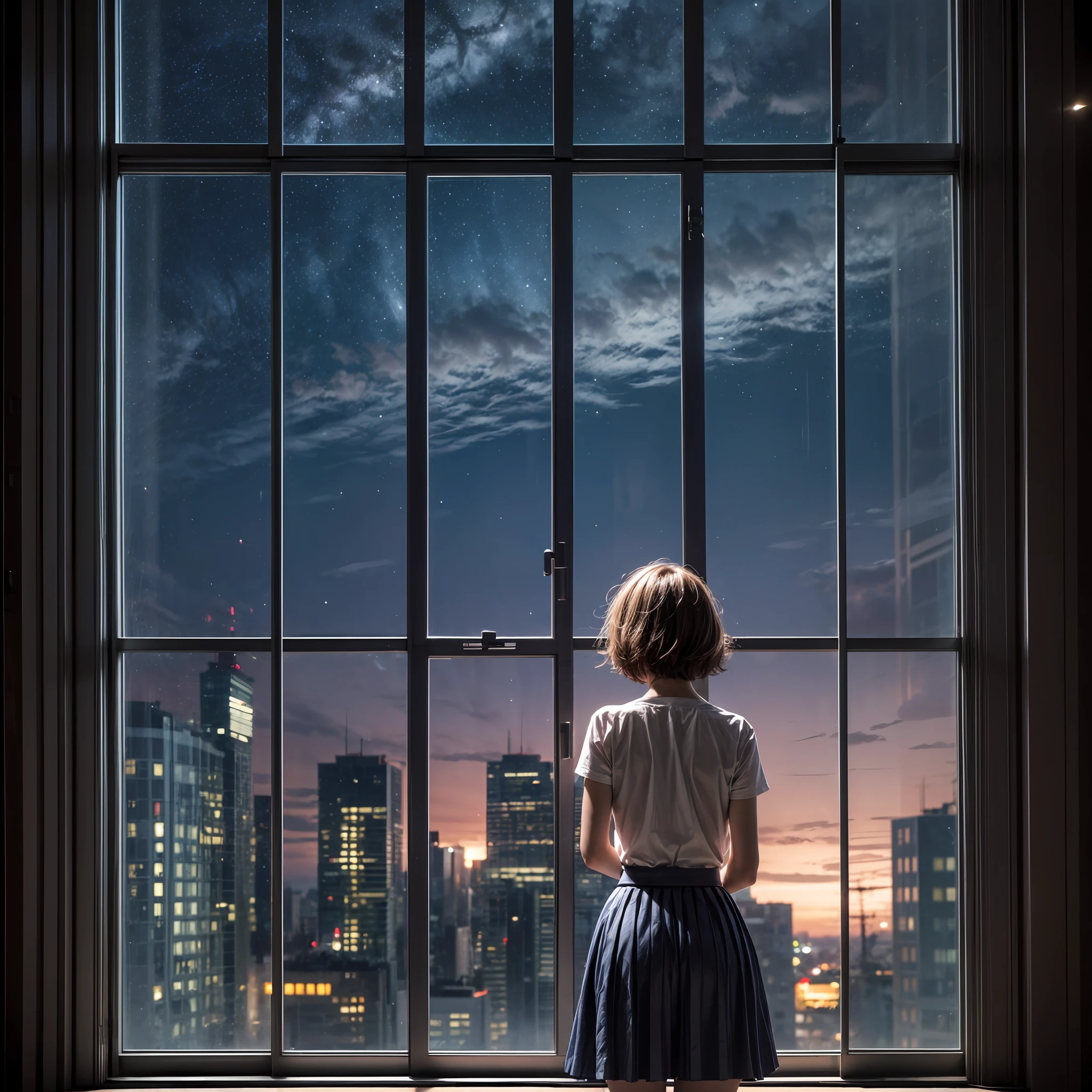 largewindow,full body,front,1girl,(open legs:1.3),(skirt,:1.3),(standing:1.1),(short hair:1.4),(night , starry sky: 1.3), city, long hair, sliding doors, solo,