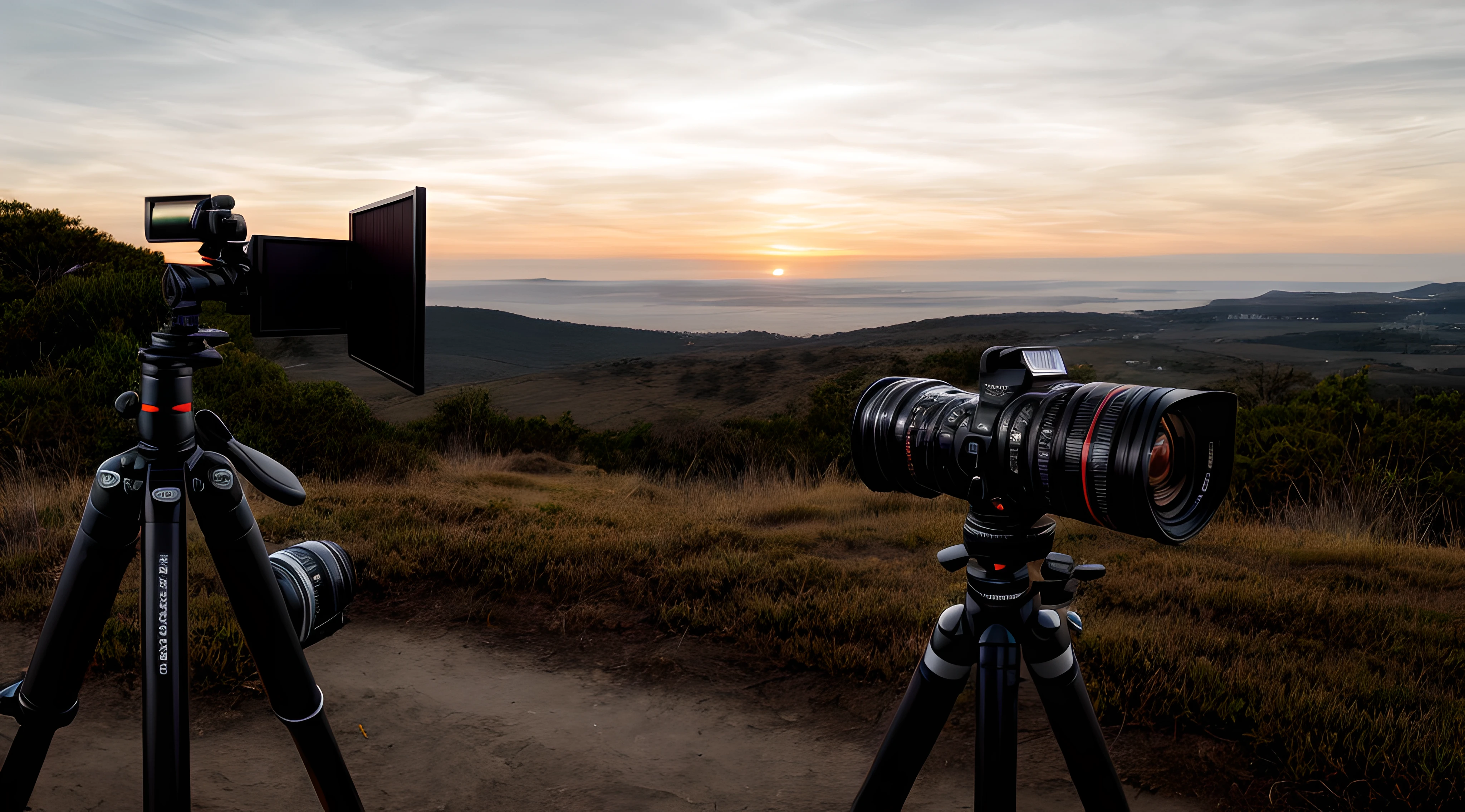 A modern camera on top of a tripod, filming the sunset, sun going down, wide environment, modern camera alone on a tripod, ambient light