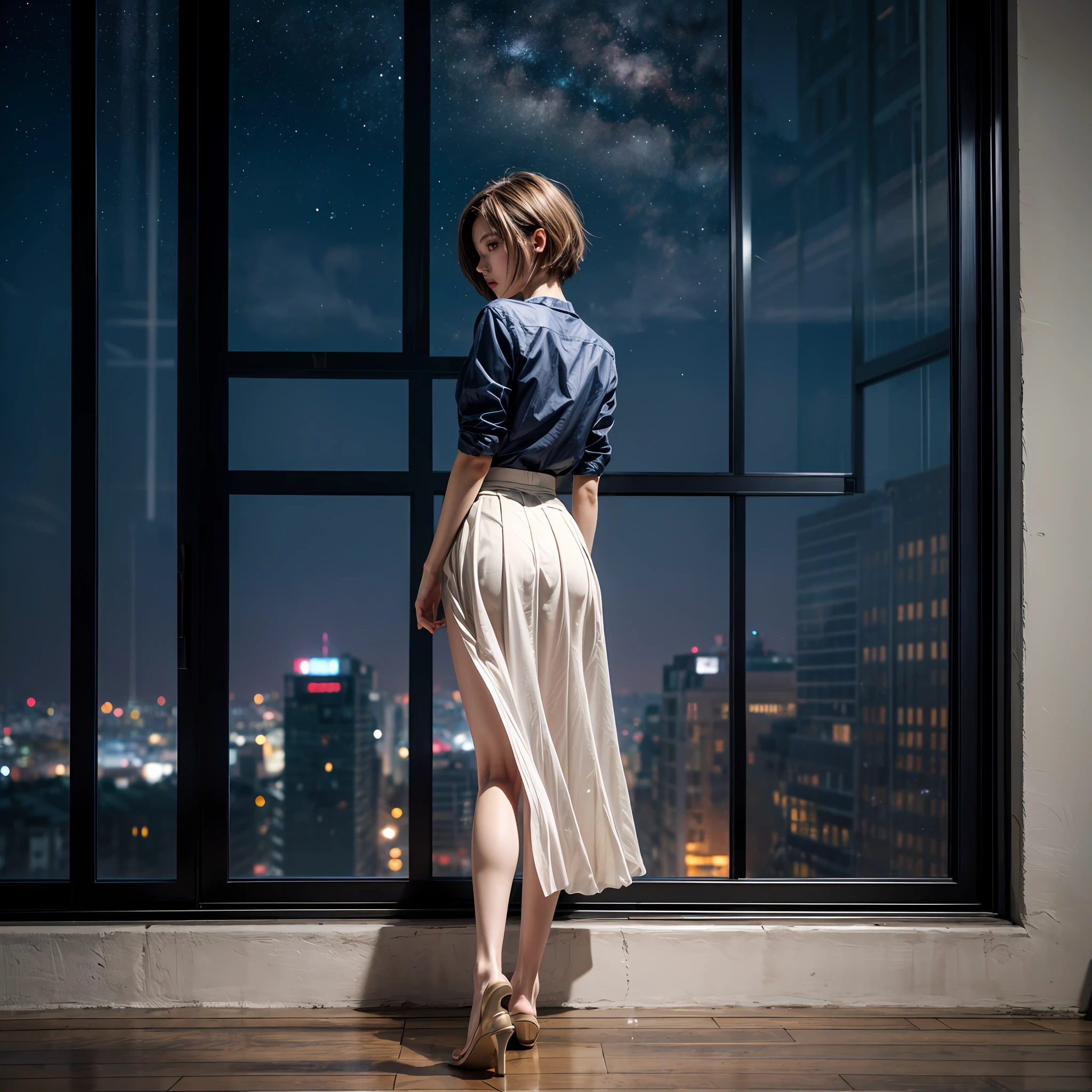 largewindow,full body,front,1girl,(open legs:1.3),(skirt,:1.3),(standing:1.1),(short hair:1.4),(night , starry sky: 1.3), city, long hair, sliding doors, solo,