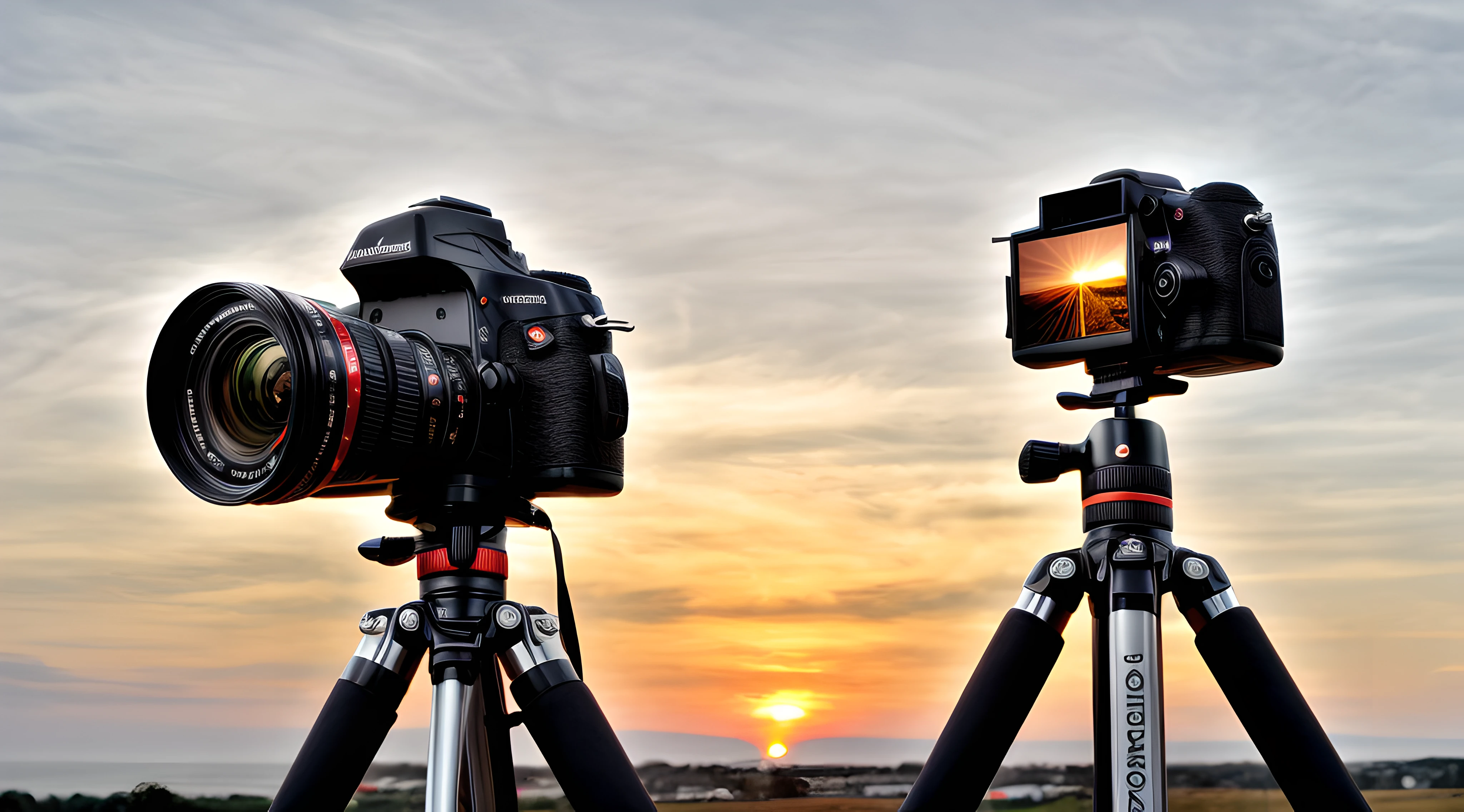 A modern camera on top of a tripod, filming the sunset, sun going down, wide environment, modern camera alone on a tripod, ambient light