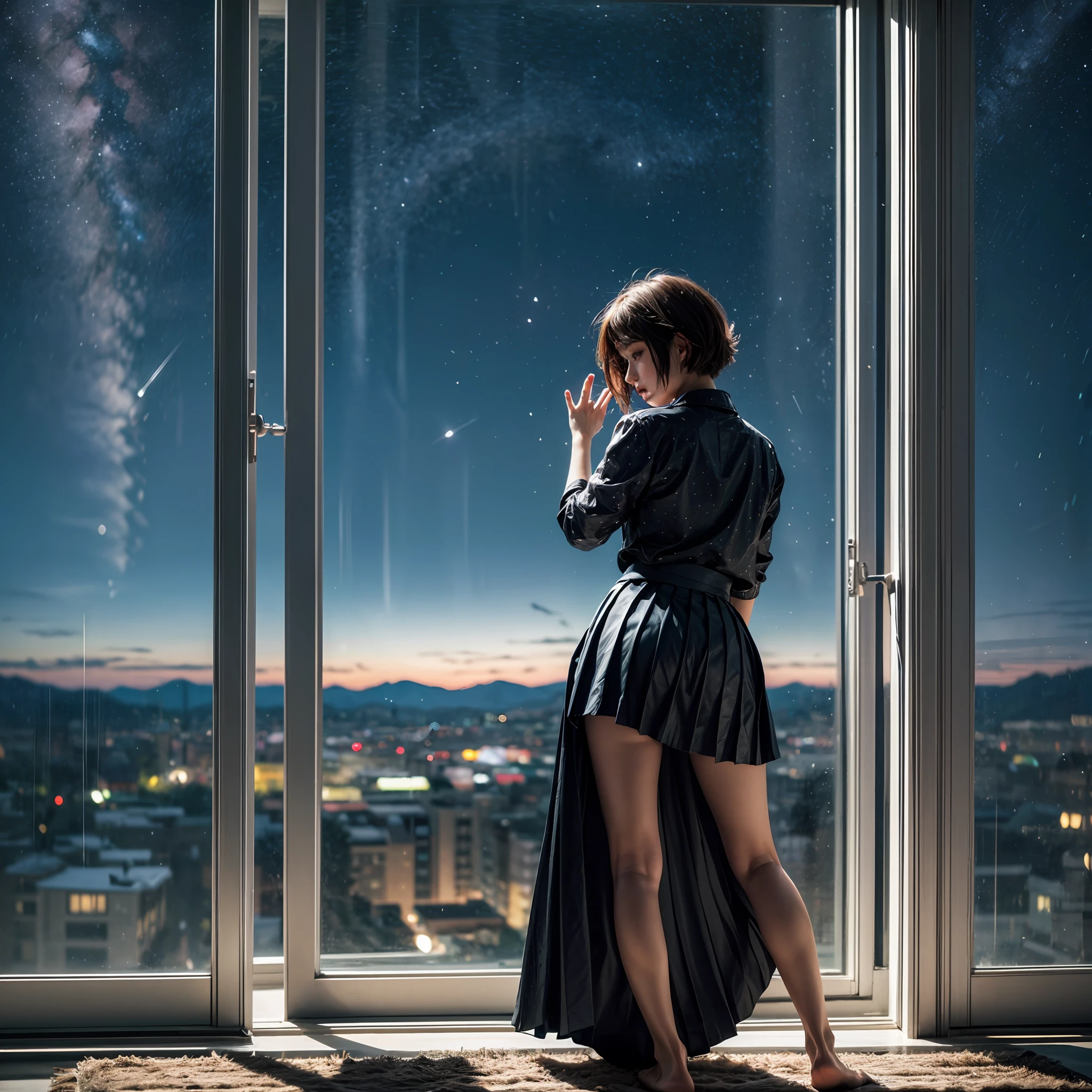 largewindow,full body,front,1girl,(open legs:1.3),(skirt,:1.3),(standing:1.1),(short hair:1.4),(night , starry sky: 1.3), city, long hair, sliding doors, solo,