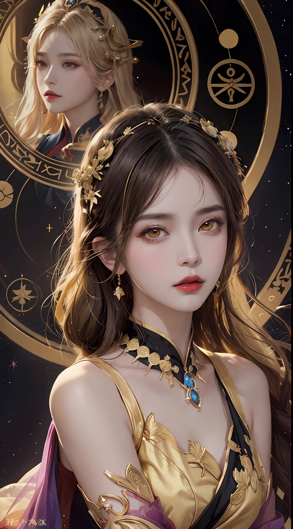 1 27-year-old girl, 1 zodiac goddess from the future, goddess of the pink and purple 12 zodiacs, the goddess of the zodiac in a yellow ao dai, a 12 zodiac ao dai with many black lace detail, mythology Goddess of the 12 zodiacs from the future, zodiac ♏, luxurious glittering zodiac style, dark and mysterious version, zodiac crown, lipstick lips red, thin and beautiful lips, Smile makes viewers fall in love, characters made by karol bak and pino daeni, intricate detail, detailed background, extremely detailed, light magic, a woman, clear face, look at the face of goddess zodialook at the zodiac goddess face, hair long with bangs, beautiful face in detail and well-proportioned eyes, (transparent yellow eyes: 1.8), big round eyes and very beautiful and detailed makeup, foresight, silk dress, mysterious makeup, double bangs and dyed light blonde, uper body, zodiac goddess uper body, arms hanging loosely, Realistic and vivid photo, (stars make up the zodiac: 1.7), (sky background zodiac and fictitious space and time portal: 1.8), fiction art, RAW photo, hanfu picture, best photo, best photo quality, 8k quality, 8k ultra, super realistic, real photo most economical, artistic portrait of goddess zodiac,