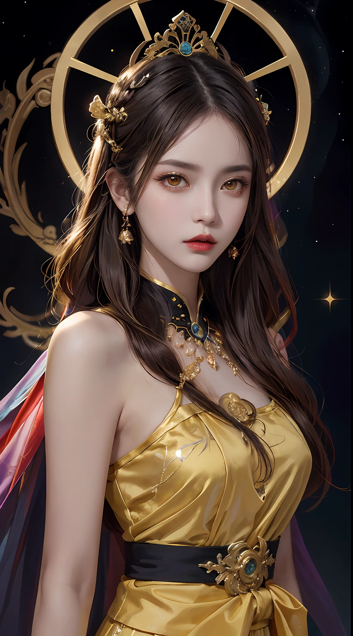 1 27-year-old girl, 1 zodiac goddess from the future, goddess of the pink and purple 12 zodiacs, the goddess of the zodiac in a yellow ao dai, a 12 zodiac ao dai with many black lace detail, mythology Goddess of the 12 zodiacs from the future, zodiac ♏, luxurious glittering zodiac style, dark and mysterious version, zodiac crown, lipstick lips red, thin and beautiful lips, Smile makes viewers fall in love, characters made by karol bak and pino daeni, intricate detail, detailed background, extremely detailed, light magic, a woman, clear face, look at the face of goddess zodialook at the zodiac goddess face, hair long with bangs, beautiful face in detail and well-proportioned eyes, (transparent yellow eyes: 1.8), big round eyes and very beautiful and detailed makeup, foresight, silk dress, mysterious makeup, double bangs and dyed light blonde, uper body, zodiac goddess uper body, arms hanging loosely, Realistic and vivid photo, (stars make up the zodiac: 1.7), (sky background zodiac and fictitious space and time portal: 1.8), fiction art, RAW photo, hanfu picture, best photo, best photo quality, 8k quality, 8k ultra, super realistic, real photo most economical, artistic portrait of goddess zodiac,