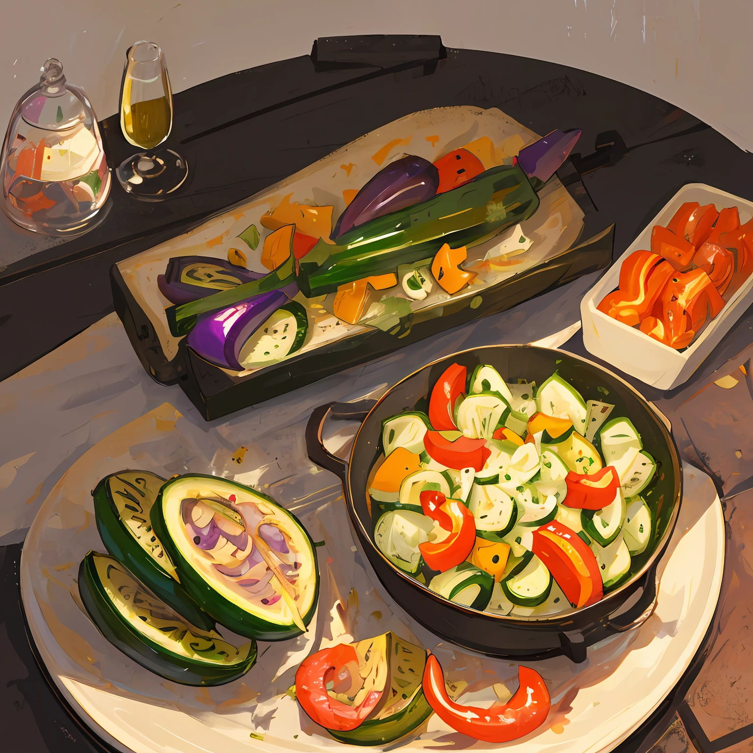 flat illustration, a dish with 2 juicy skewers, one of them will be: a piece of meat , followed by a piece of onion, followed by a piece of meat , followed by a piece of onion, followed by a piece of meat and a piece of onion. The other will be vegetables, being composed of a piece of onion, followed by a piece of zucchini, followed by a piece of bell pepper, followed by a piece of onion, followed by a piece of eggplant, followed by a piece of onion, followed by a piece of zucchini, followed by a piece of bell pepper, followed by a piece of onion, followed by a piece of eggplant, a bottle of olive oil, a glass of wine and a pepper grinder in the background,warm color, bright background, flat illustration, , attractive, beautiful --v6