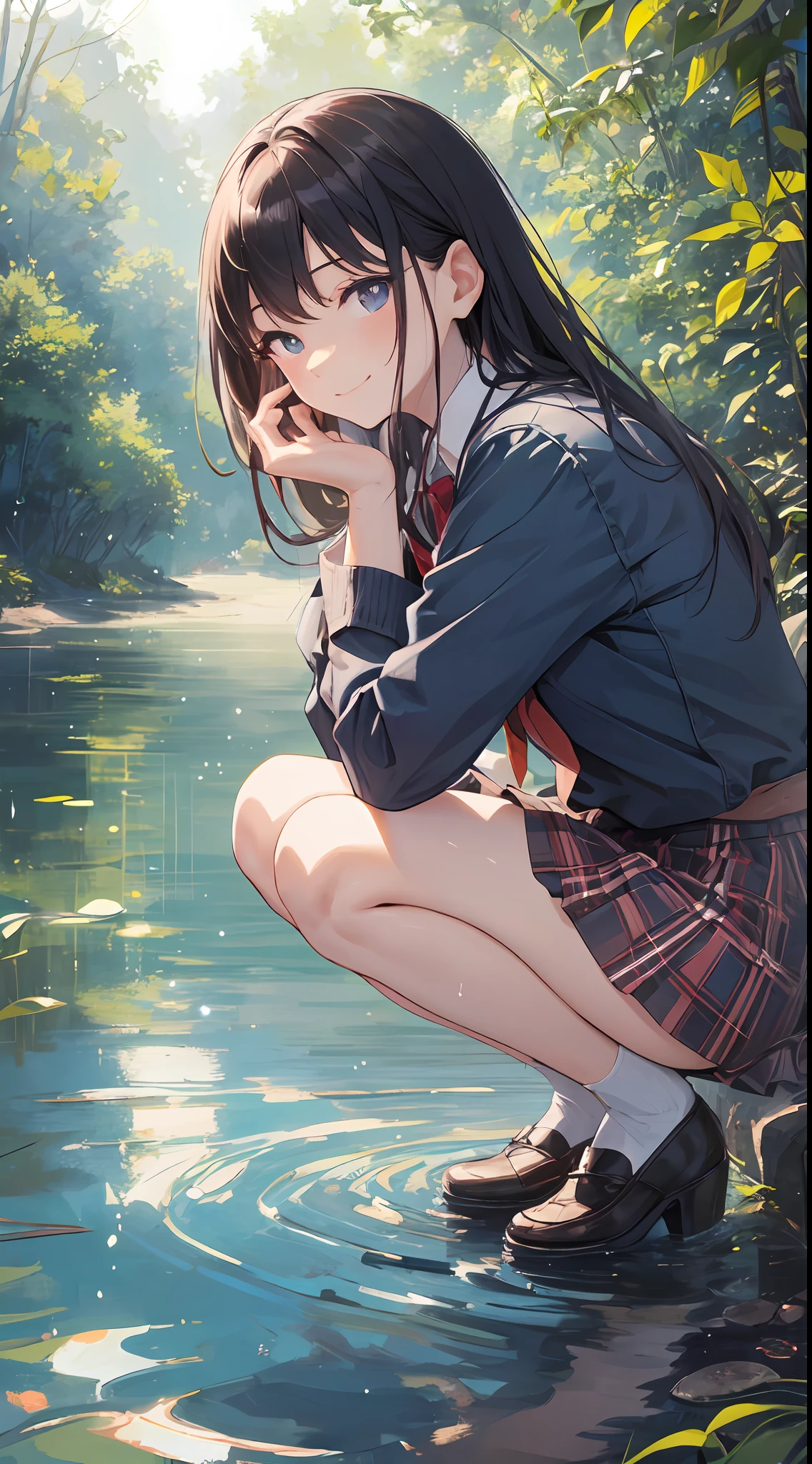 Set in Thailand's Khao Sok National Park, it features a Japan female student. She is a beautiful wearing a plaid school uniform. The material of the skirt is so realistic that it is indistinguishable from the real fabric, and its texture is ultra-fine and captured in 8K high resolution.
Riding a small park boat, she is depicted in a wide shot squatting at the water's edge. A smile deeply engages the viewer. The point offers a glimpse of her own innocence and profound contemplation.
Her feet are wet at the water's edge, and her white panties and camel tue are faintly reflected in the water at her feet. Symbolizes.
Her legs are walking, and her knees are also somewhat open. This posture further emphasizes her innocence and natural charm.
The park is a night view, with the reflections of roads and puddles gently illuminated by the natural light of moonlight. This spectacle gives silence and mystery to the entire park and draws the viewer into the atmosphere of the place.
Overall, the work has a captivating beauty and profundity to the viewer, whose beauty is described in every detail. This is a "masterpiece", which will stir the emotions of the viewer and draw them into its charm.