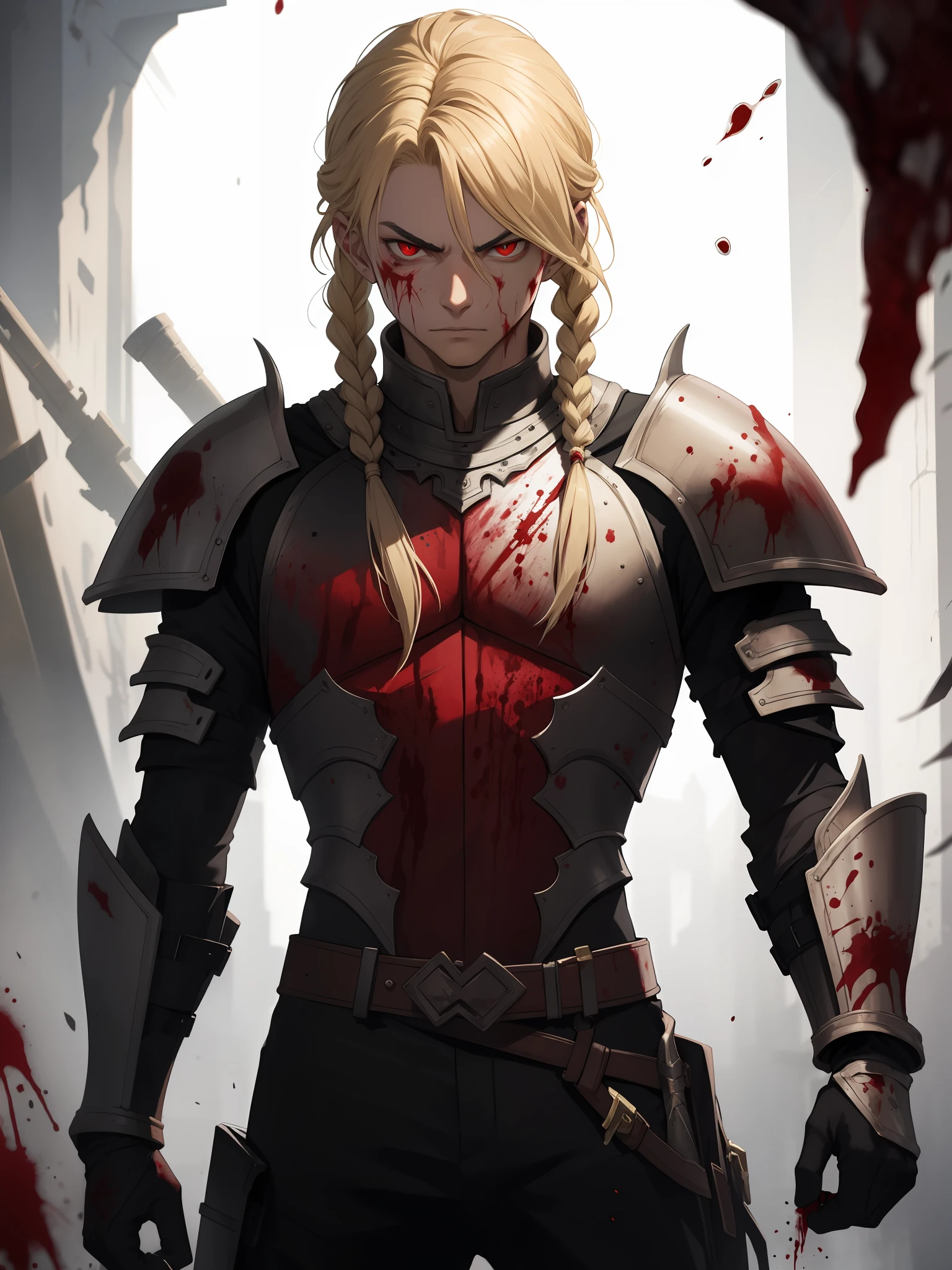 Young man, blonde hair with braids, red eyes, wearing armor with tubes of blood all over his body, evil look