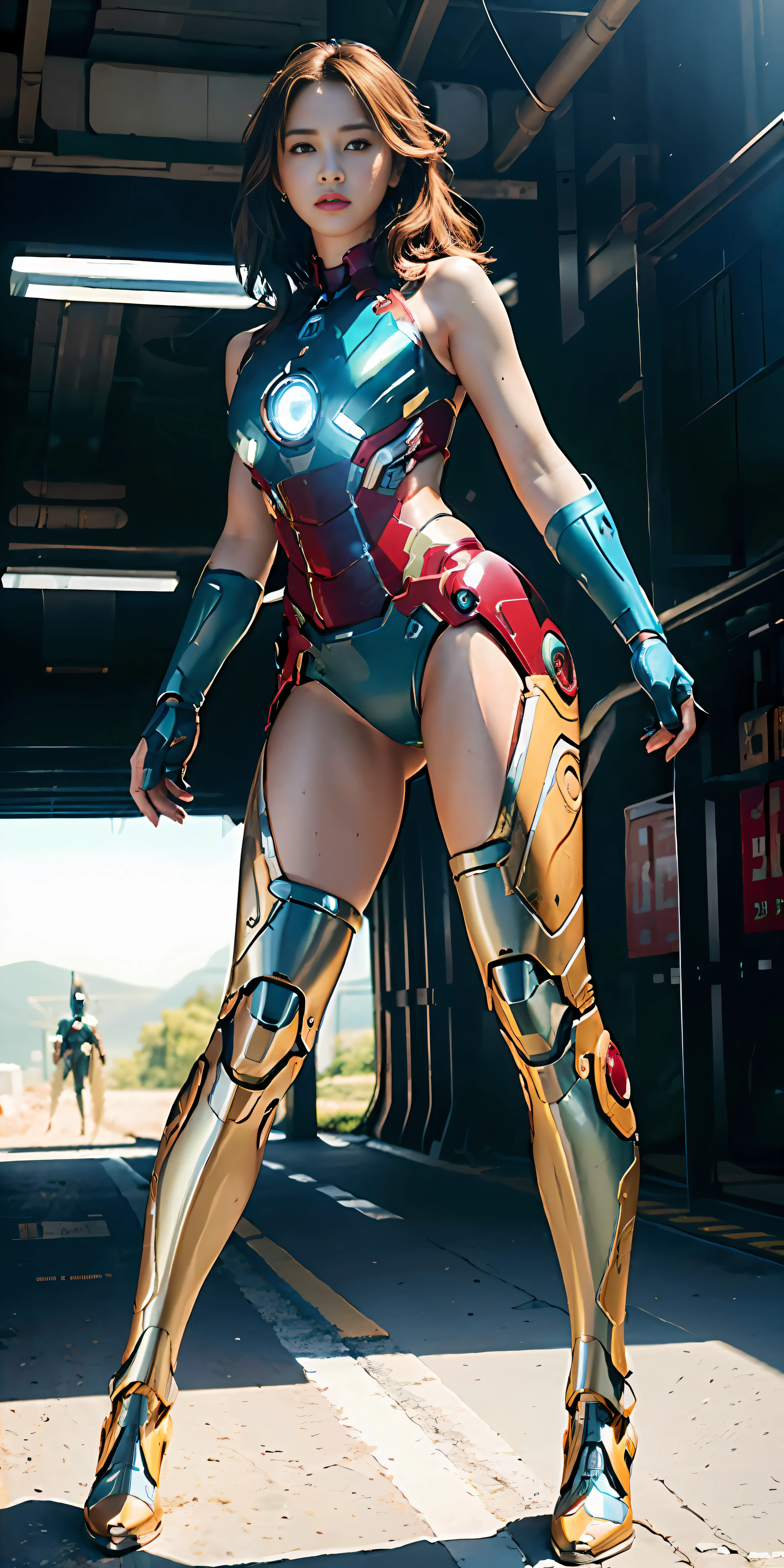 RAW, masterpiece, ultra fine photo,, best quality, ultra high definition, photorealistic, sunlight, full body portrait, stunningly beautiful, combat pose, delicate face, brilliant eyes, (front view,full body), she wears futuristic iron man mech, blue and yellow and green color scheme, highly detailed destroyed iron man background, detailed face, detailed and complex busy background, messy and gorgeous, Lush plump breasts, High Detail skin, Realistic skin details, Visible pores, Sharp Focus, Volumemetric Fog, 8K UHD, DSLR camera, High Quality, Film Grain, Fair Skin, Photorealism, Lomography, View from below, Translucent