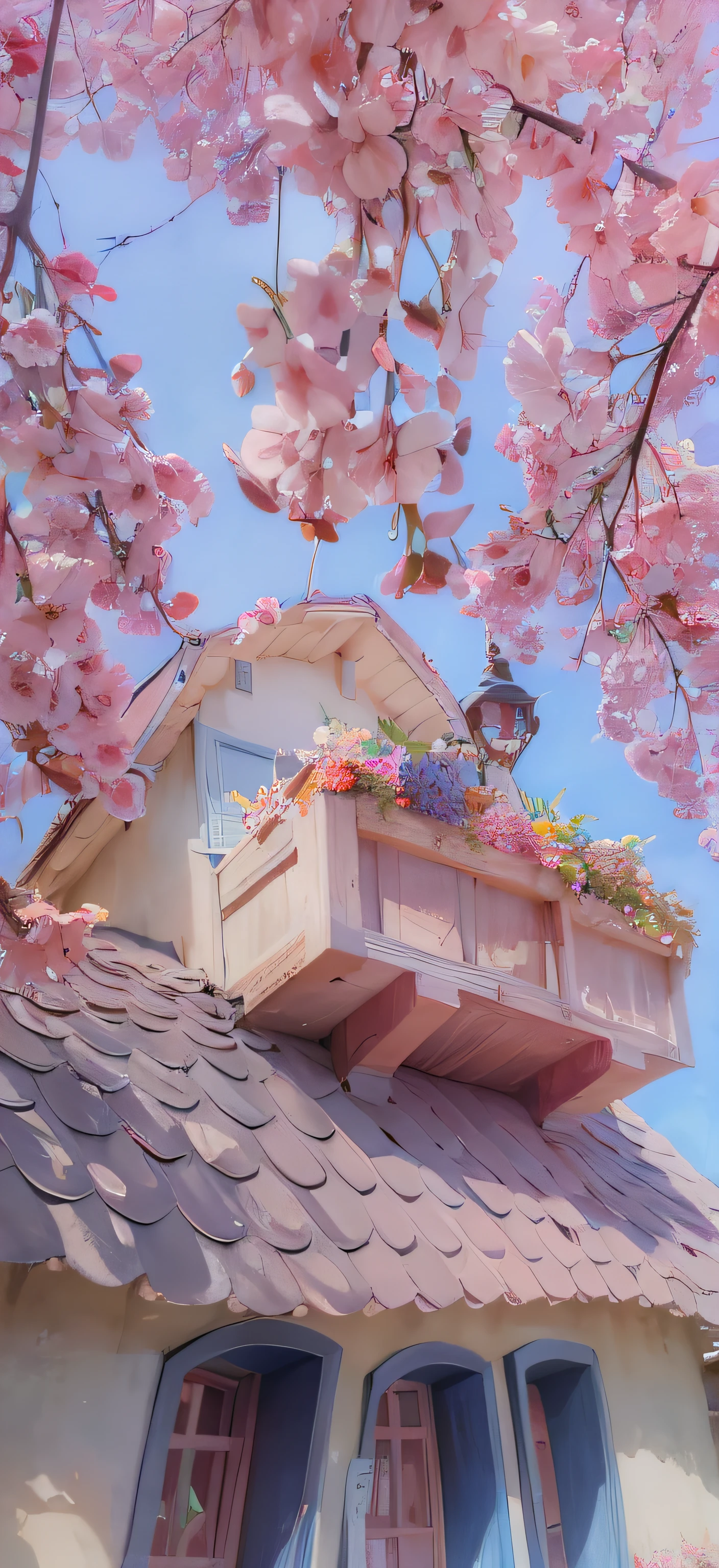 there is a pink flower box on the roof of a house, dreamy aesthetic, studio ghibli aesthetic, anime aesthetic, cottagecore!!, fantasy aesthetic!, in a candy land style house, kawaii aesthetic, beautiful and aesthetic, cottagecore, anime asthetic, very magical and dreamy, dreamy colors, sailor moon aesthetic, dreamy and detailed