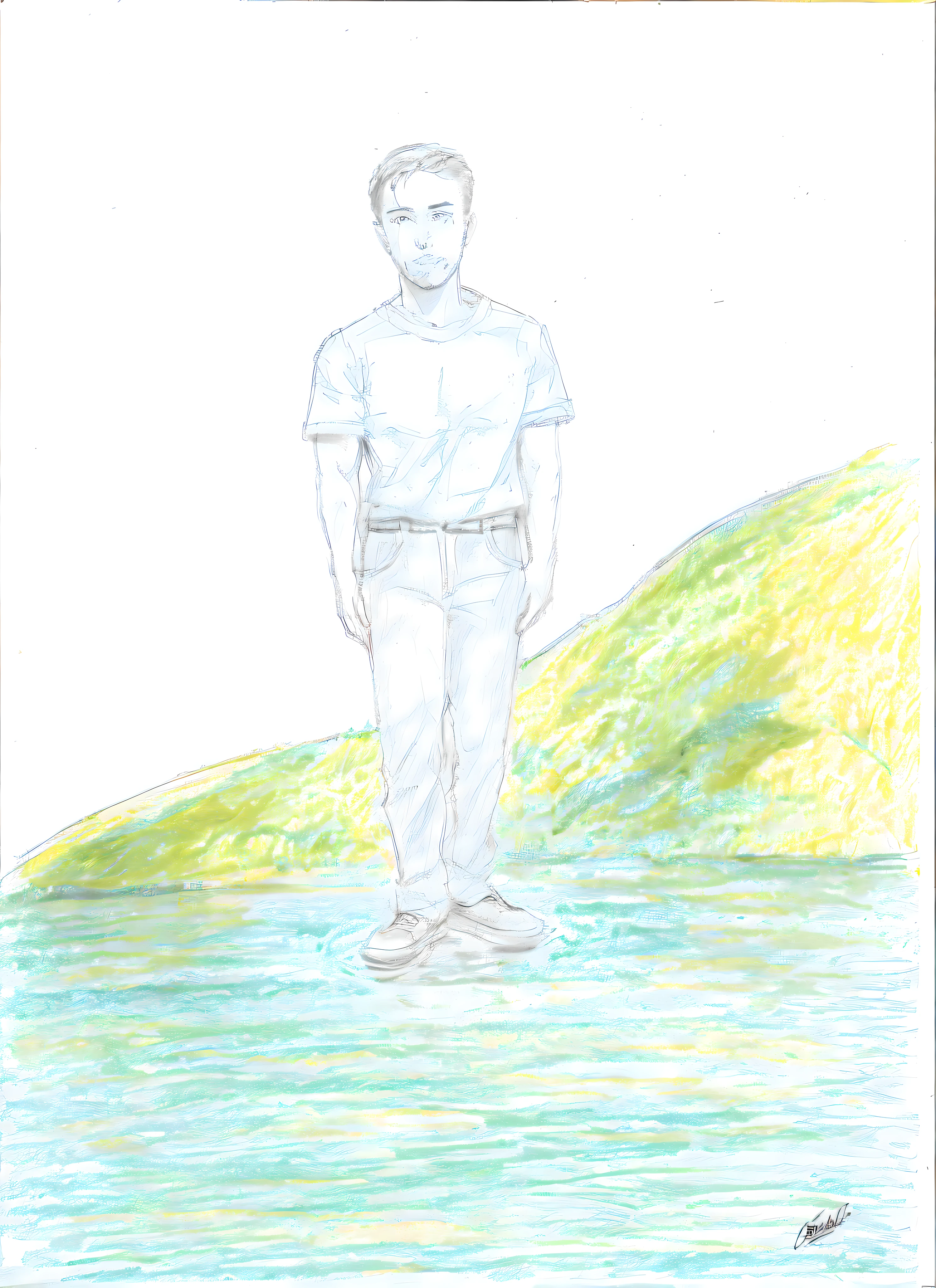 drawing of a man standing in the water with a green hill in the background, standing in a pond, distant full body view, standing in a lake, mid body portrait, standing next to water, man standing, portrait full body, standing on the water ground, full - body portrait, full-body portrait, full body portrait of a short!, full body portrait