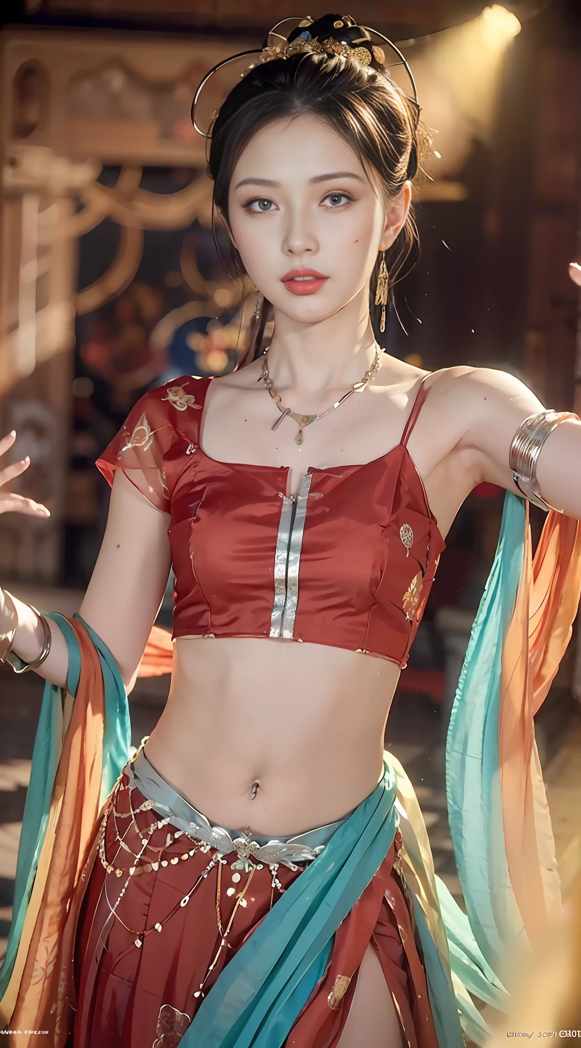 araffe asian woman in a red and blue outfit posing for a picture, palace , a girl in hanfu, chinese style, chinese costume, with acient chinese clothes, traditional beauty, tai costume, inspired by Lan Ying, aesthetic!!!!!! female genie, sha xi, gorgeous chinese model, chinese girl, cai xukun, hanfu, traditional chinese, ornate cosplay