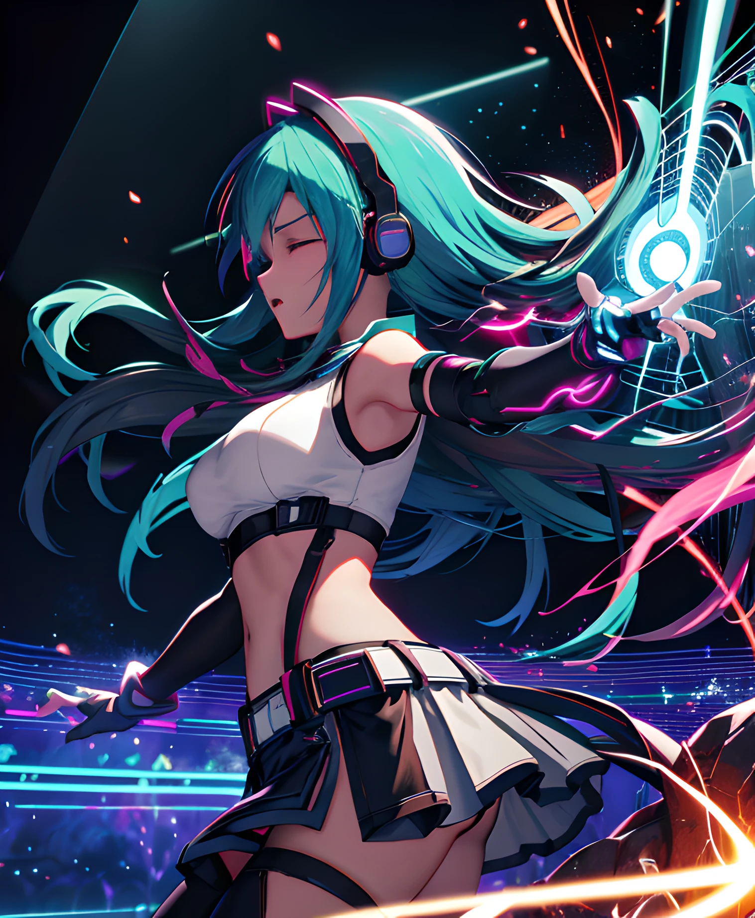 (masterpiece:1.3),(best quality:1.2),8k,absurdres, unity 8k wallpapper, realistic, (1girl:1.2),(headphones:1.1),(neon light:1.1), mechanical headwear,(mechanical wings:0.8),frown,(dynamic pose:1.1),(floating hair:1.2),(passionate:1.2),(DJ:0.9),( psychedelic:1.2),dynamic pose,(electric wire:1.1),(light beam:1.2),closed eyes,midriff, dim,(music:1.2),cable,god rays,(indoors:1.2),from side,(instrument:0.7),frenzied, passionate,energetic,intense,electrifying,exhilarating,dynamic,thrilling,explosive, rousing,(crowd:1.2),light rays,,neonlight,electric fan, (electricity:1.2), (electronic music:1.1),(sound mixing:1.3), 帽子と凧を持つ人のクローズアップ, 初音ミクの肖像画、ミクダヨ、ミク、ハッピー!!, デジタルアニメアート!,