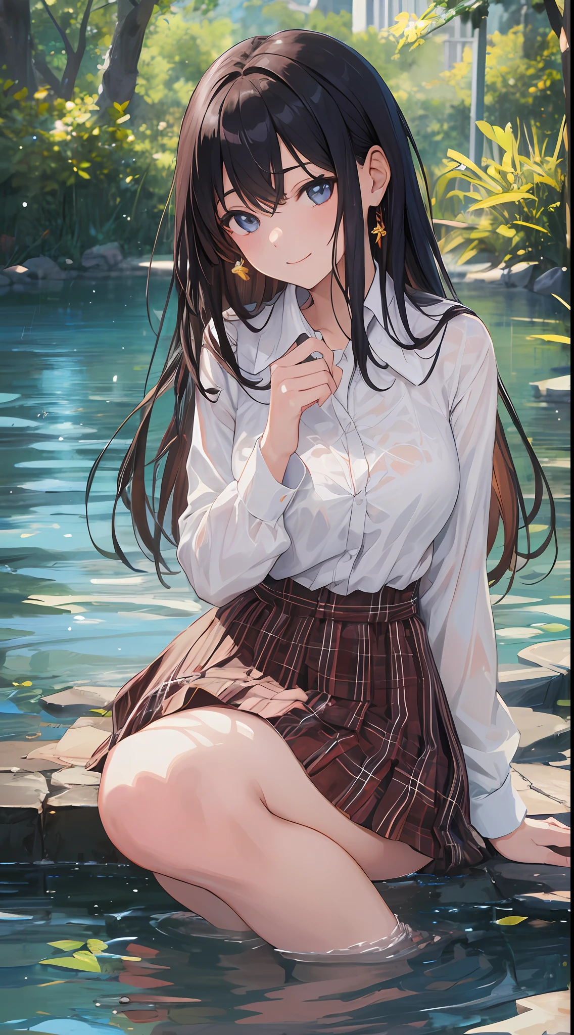 Focus on the person. We create and express the best shining composition of the person. ((Masterpiece)), (((Highest Quality)))), ((Super Detail)), (Ultra Realistic), (Highly Detailed CG Illustrations), (Very Delicate and Beautiful), Masterpieces of Beautiful Girls, Best Quality, Real Skin, Realistic Fabrics, Real Textures, Japan People, Realist Illustrations Focusing on Girls with Real and Ultra-Detailed Eyes in the center front. This is the absolute rule, and the following sentence expresses the image quality. It is the greatest masterpiece in the history of the class of Inuitsuki Ichigo, in which the owner of the greatest painting talent in human history met an unparalleled beauty and risked his life to depict the most beautiful figure. Create stunning anime artwork that is currently trending on seaStation, showcasing exquisite beauty and captivating aesthetics.
Title: "Smile reflected on the surface of the water"

Setting: One Japan female, 16 years old, student. Crouching around a pool in a lush park under the bright sunlight.

This woman is wearing a plaid uniform skirt, the quality and detail of which is depicted in ultra-detailed and high-resolution 8K quality. The white panties look reflected in a puddle, but they are understated, and the detailed contours are immediately realistic and captivating.

Her face and eyes are especially beautiful, painted with detailed brushwork. She is smiling, and that smile is pure and pure. The conflict has a deep meaning and provides a hand for the viewer to better understand her world.

She opens her legs lightly, as well as her knees. The attitude is natural, yet conveys to the viewer a certain defenselessness and purity.

Overall, this image is captured in a wide shot, picture-picture together with the scenery of the park, the water, and the woman who will be the main character.

This work aims to make the viewer look at every detail and be moved by its beauty and innocence. All of them will make this work the "masterpiece