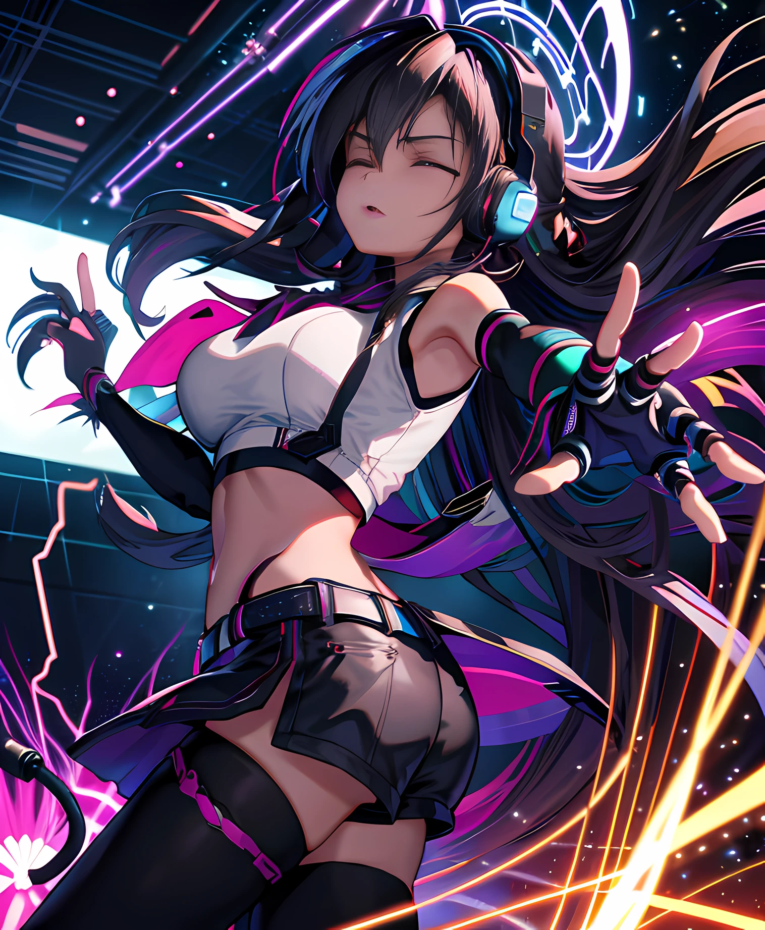 (masterpiece:1.3),(best quality:1.2),8k,absurdres, unity 8k wallpapper, realistic, (1girl:1.2),(headphones:1.1),(neon light:1.1), mechanical headwear,(mechanical wings:0.8),frown,(dynamic pose:1.1),(floating hair:1.2),(passionate:1.2),(DJ:0.9),( psychedelic:1.2),dynamic pose,(electric wire:1.1),(light beam:1.2),closed eyes,midriff, dim,(music:1.2),cable,god rays,(indoors:1.2),from side,(instrument:0.7),frenzied, passionate,energetic,intense,electrifying,exhilarating,dynamic,thrilling,explosive, rousing,(crowd:1.2),light rays,,neonlight,electric fan, (electricity:1.2), (electronic music:1.1),(sound mixing:1.3), 帽子と凧を持つ人のクローズアップ, 初音ミクの肖像画、ミクダヨ、ミク、ハッピー!!, デジタルアニメアート!,