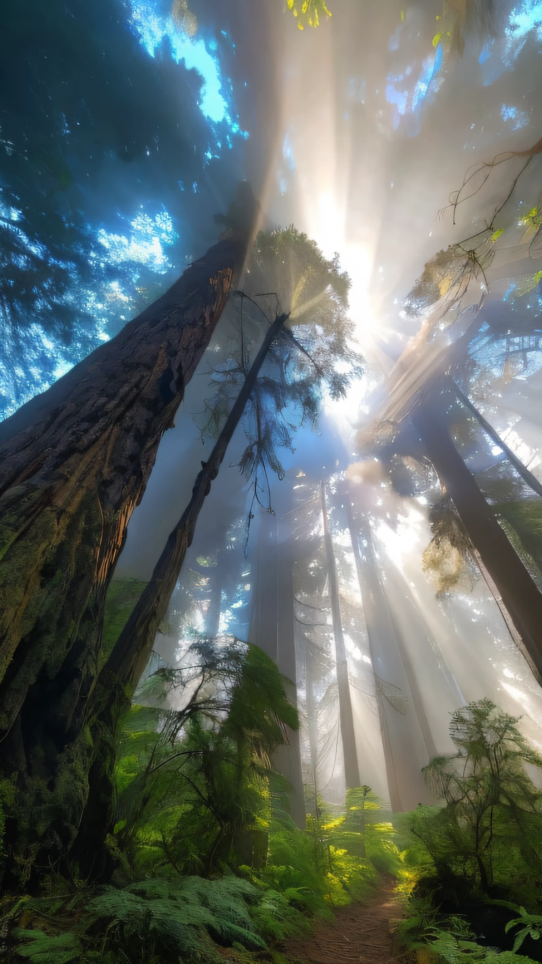 sunlight shining through the trees in a forest with a trail, forest ray light, ethereal beams, in a foggy redwood forest, redwood forest, rays of life, beautiful light rays, in a redwood forest, beautiful ancient forest, red woods canopy love, looking majestic in forest, sun - rays through canopy, holy light rays, incredible light, in the redwood forest