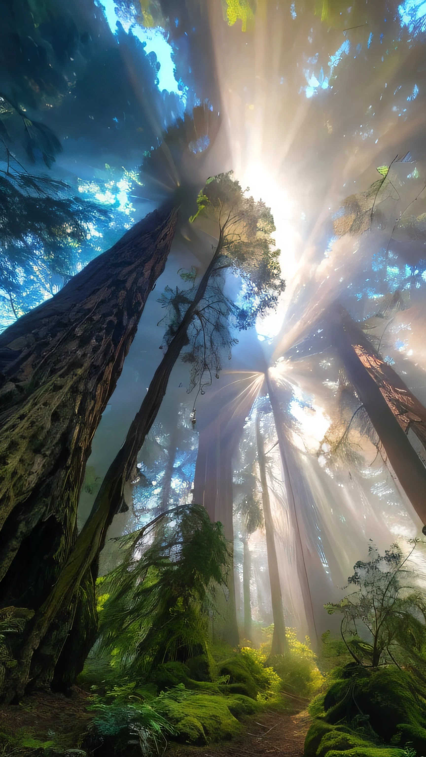 sunlight shining through the trees in a forest with a trail, forest ray light, ethereal beams, in a foggy redwood forest, redwood forest, rays of life, beautiful light rays, in a redwood forest, beautiful ancient forest, red woods canopy love, looking majestic in forest, sun - rays through canopy, holy light rays, incredible light, in the redwood forest