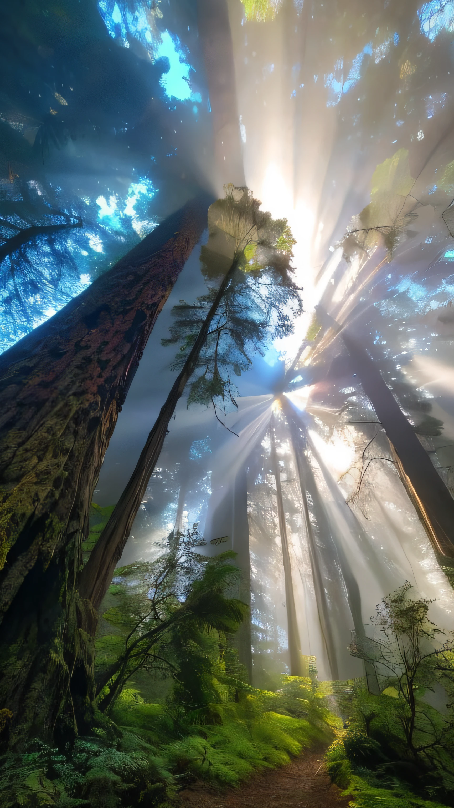 sunlight shining through the trees in a forest with a trail, forest ray light, ethereal beams, in a foggy redwood forest, redwood forest, rays of life, beautiful light rays, in a redwood forest, beautiful ancient forest, red woods canopy love, looking majestic in forest, sun - rays through canopy, holy light rays, incredible light, in the redwood forest