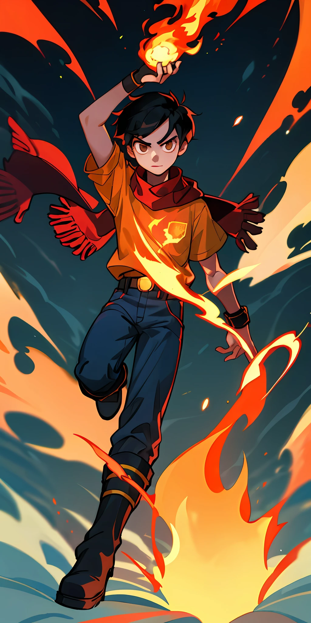 1Boy, abundant black hair, brown skin, with a flaming arm, flames, yellow shirt, how many and black high boots, blue pants, red scarf, high quality.