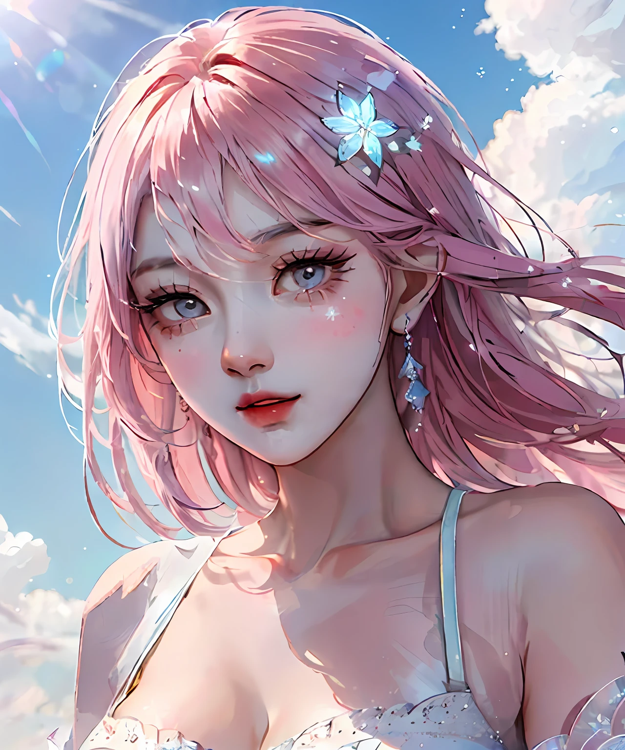 official art, masterpiece, sharp focus, (beautiful gorgeous cute korean woman:1.3), (beautiful cute korean woman:1.3), korean beauty, delicate and beautiful hair and eyes and face, realistic, super detailed, beautiful girl, blue sky,white glowing particles, (sidelight: 1.2), sun, white cloud, fine cloud, slender, pink hair, full body, beautiful legs