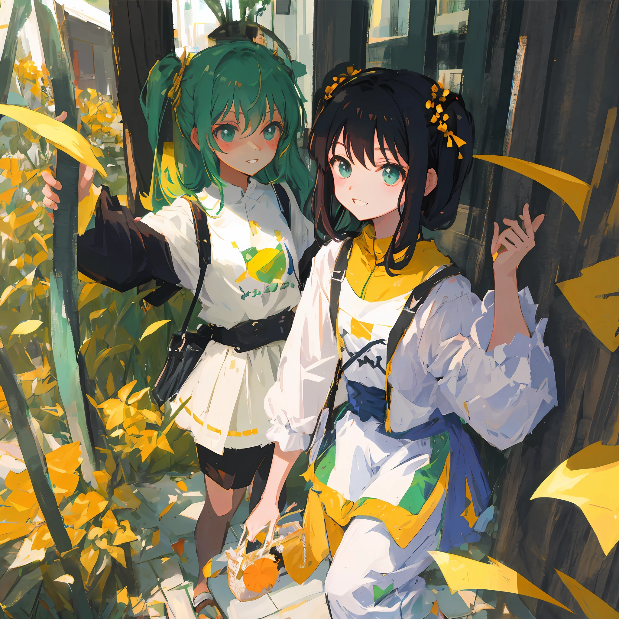 Two beautiful, gentle anime girls. Shade, under trees, wicker