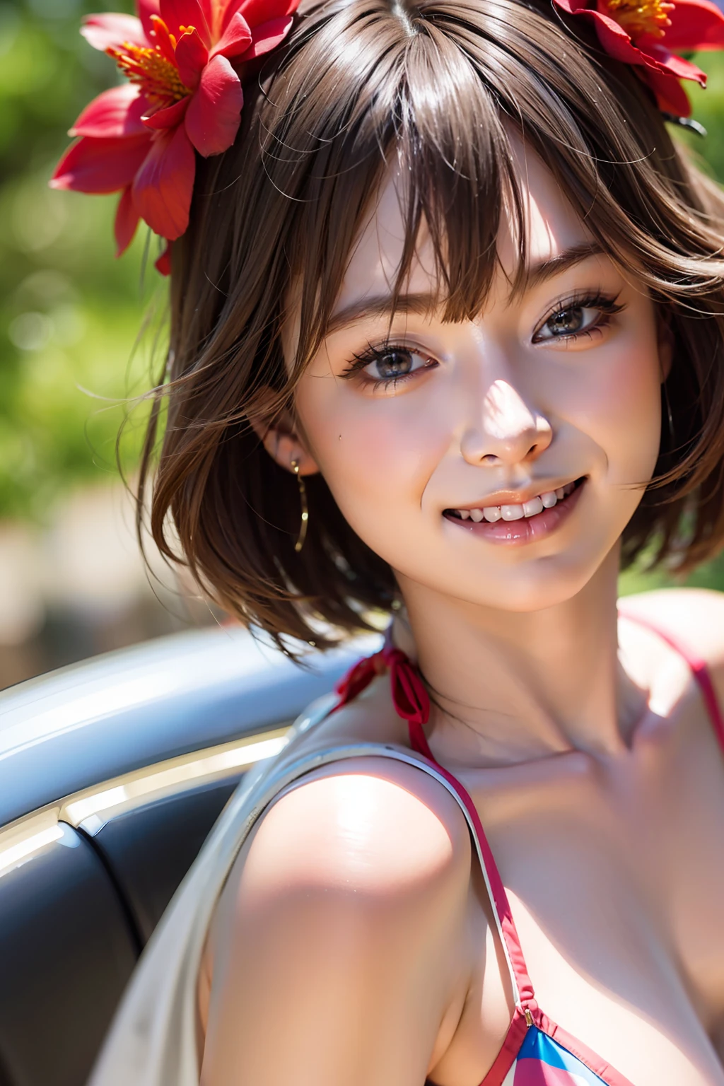 (masterpiece), realistic, (girl portrait), beautiful face, cute young girl with smile, 20s, 8K post-production, high resolution, super detail, trend in ArtStation, sharp focus, studio photography, intricate detail, very detailed, pure form, 8k resolution, cute, smile, solo, , one-piece, (nose redness), (smile: 1.15), ( mouth closed), beautiful eyes, short hair, bikini,