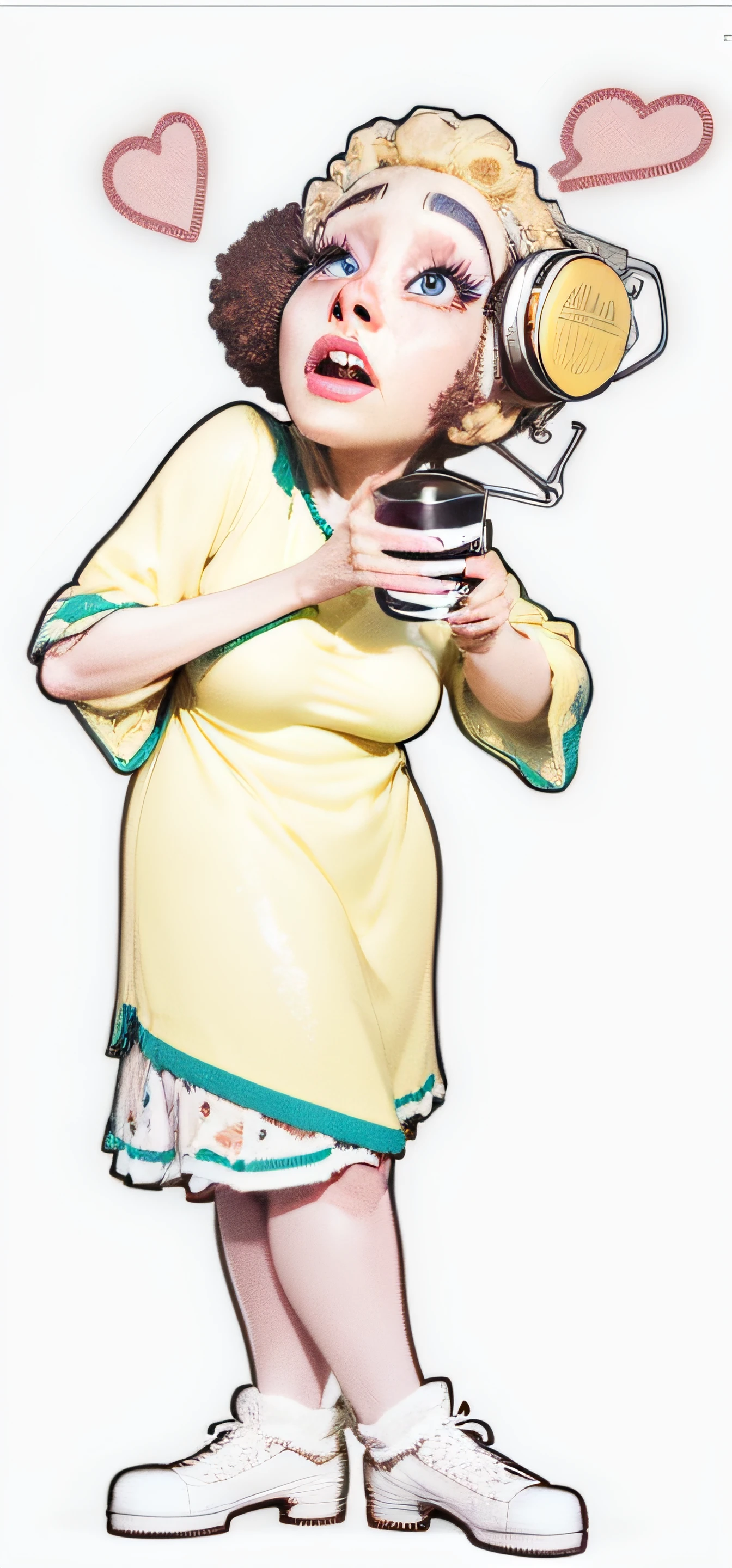 Cartoon, pixar, [[[full body]]] Lady of approximately 65 years [[[gray hair]]], Afro descendant, [[[dark brunette]]], [[Holding a cup in her hands]]] [[Brazil shirt]]masterpiece, best quality, 3d rending work, 3DMM style, close-up, portrait, 3D, realistic, upper body, radio studio background, looking away, light brown eyes, white beard, fleshy lips, [[striped shirt]]]. --auto