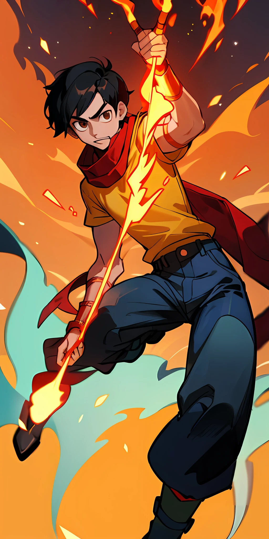 1Boy, abundant black hair, brown skin, with a flaming arm, flames, yellow shirt, how many and black high boots, blue pants, red scarf, high quality.