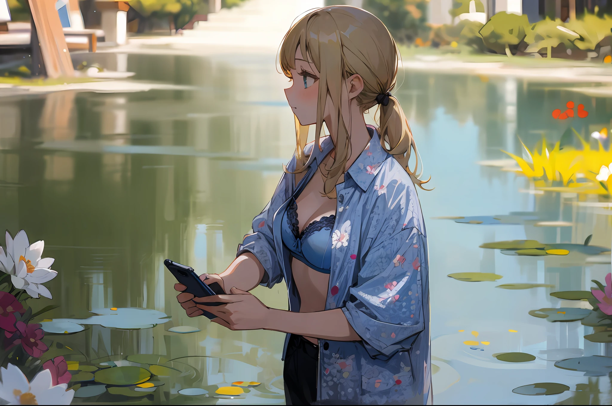 mwsterpeace, best quality, 1girl, li, blue bra, floral shirt, blonde, holding smartphone, by a pond,