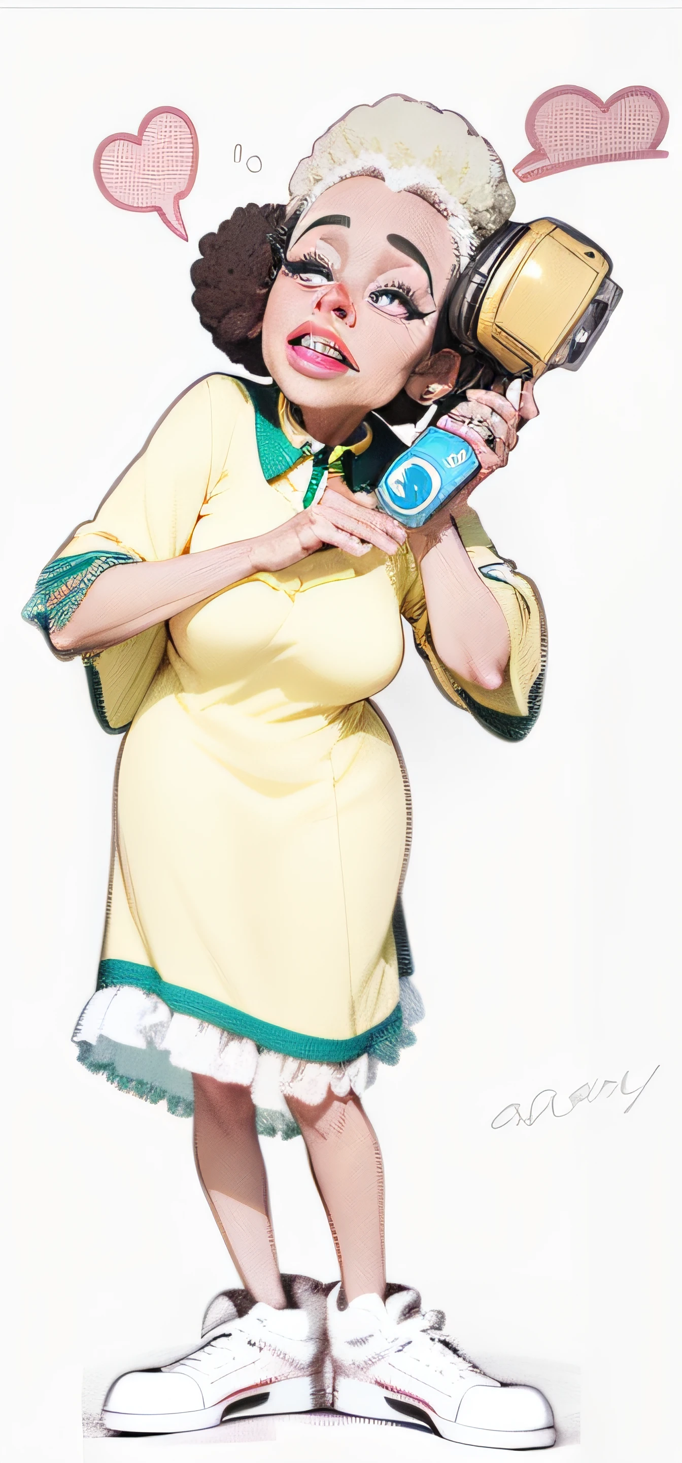 Cartoon, pixar, [[[full body]]] Lady of approximately 65 years [[[gray hair]]], Afro descendant, [[[dark brunette]]], [[Holding a cup in her hands]]] [[Brazil shirt]]masterpiece, best quality, 3d rending work, 3DMM style, close-up, portrait, 3D, realistic, upper body, radio studio background, looking away, light brown eyes, white beard, fleshy lips, [[striped shirt]]]. --auto