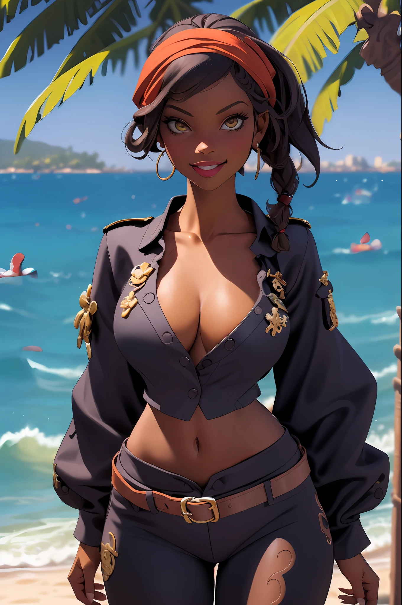 (masterpiece, best quality:1.4), (beautiful, perfect, delicate, detailed, intricate, aesthetic:1.2), cinematic shot, natural light, light particles, sunlight, atmospheric, vivid colors, (depth of field:1.4), (pirate girl:1.2), looking at viewer, (ebony, black skin:1.4), (perfect face, detailed face, eyeliner, glossy lips), smiling, (natural breasts, narrow waist), (thick braid), (delicate corset detailed corset, delicate white thong, bandana, cleavage), (skindentation), glossy skin, shiny skin, outdoors, beach, ocean, waves, trees, (pirate village, harbor), (cowboy shot:1.4),