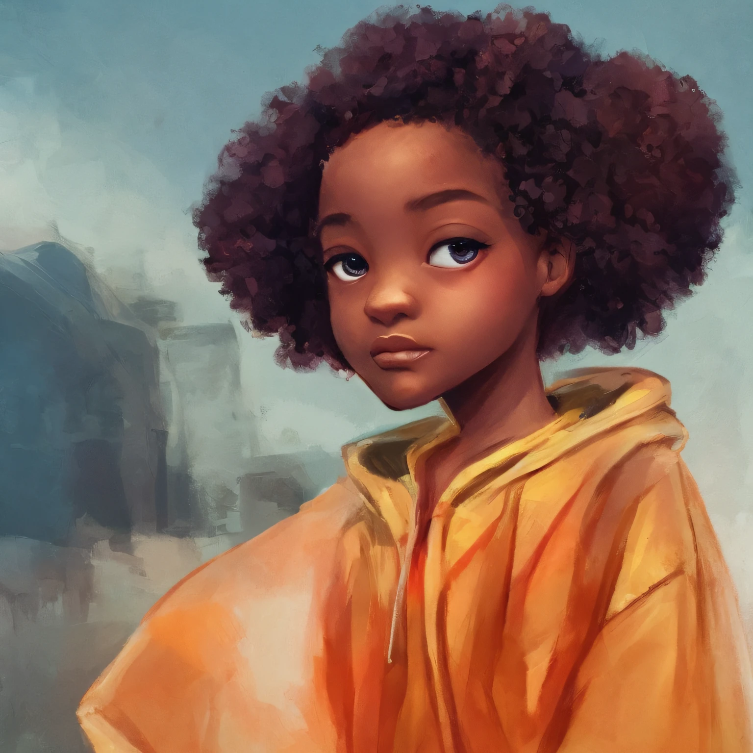 there is a drawing of a girl with a big afro, a digital painting by Chinwe Chukwuogo-Roy, Artstation, digital art, childrens art in artstation, gorgeous art, fanart, urban girl fanart, portrait willow smith, artistic illustration, loish |, great character design, very stylized character design, illustrative art --auto