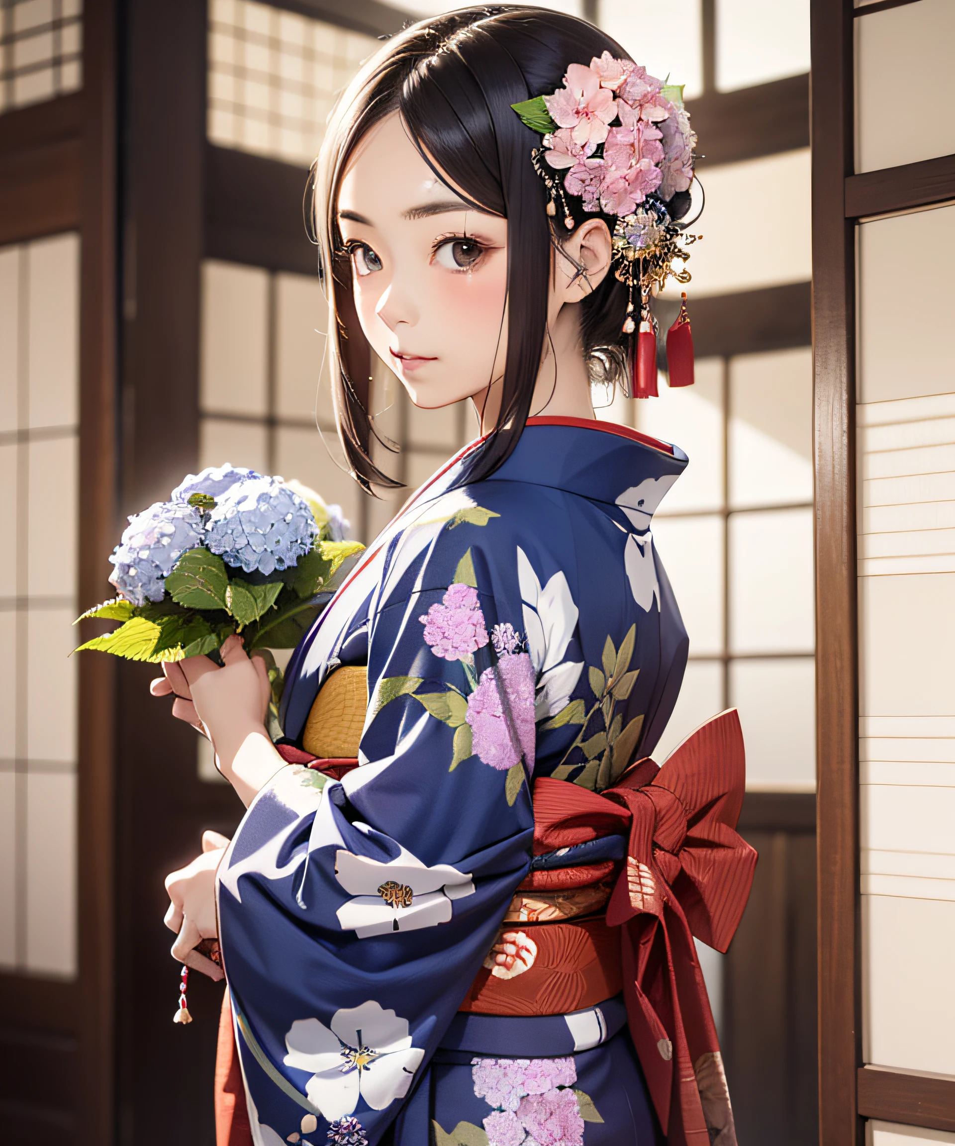 Masterpiece, realistic, Japan kimono woman with unaju, 18 years old, hydrangea patterned kimono, hydrangea shaped hair ornament