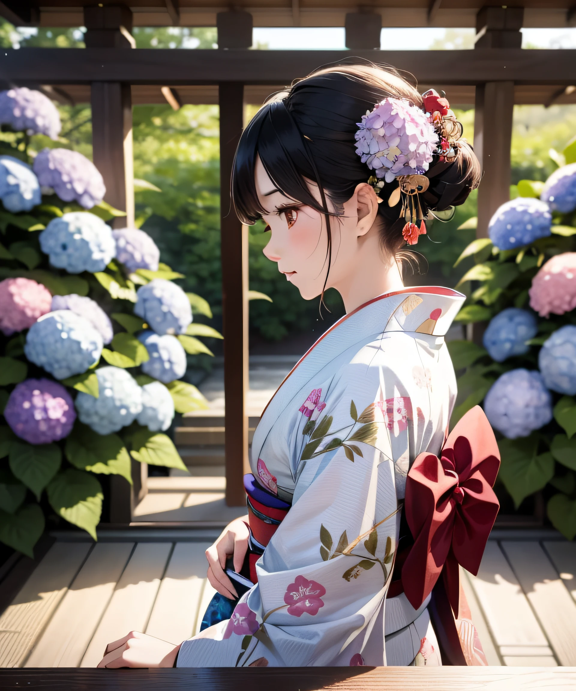 Masterpiece, realistic, Japan kimono woman with unaju, 18 years old, hydrangea patterned kimono, hydrangea shaped hair ornament