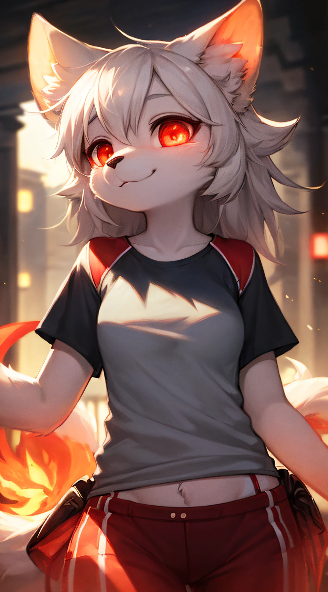 furry, white fur, ultra cute face, red elements on fur, glowing t-shrt, beautiful lights and shadows, ambient light, ultra detailed fur, volumetric light