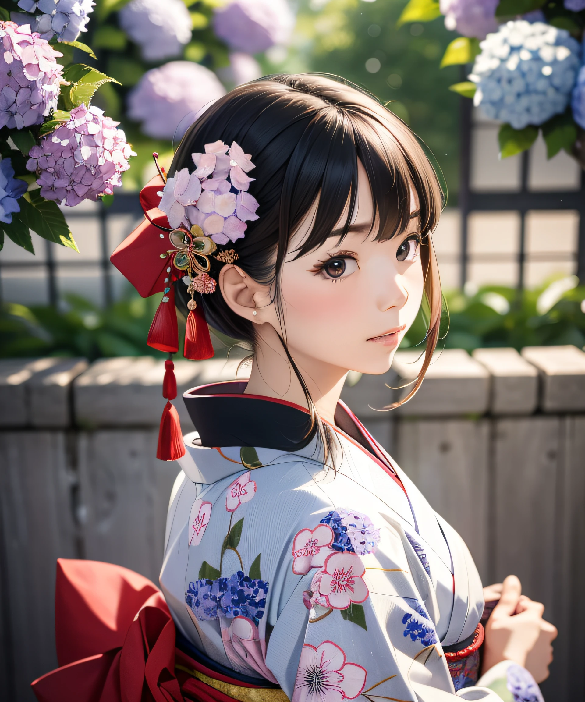 Masterpiece, realistic, Japan kimono woman with unaju, 18 years old, hydrangea patterned kimono, hydrangea shaped hair ornament, photorealistic, one black child around the eyes