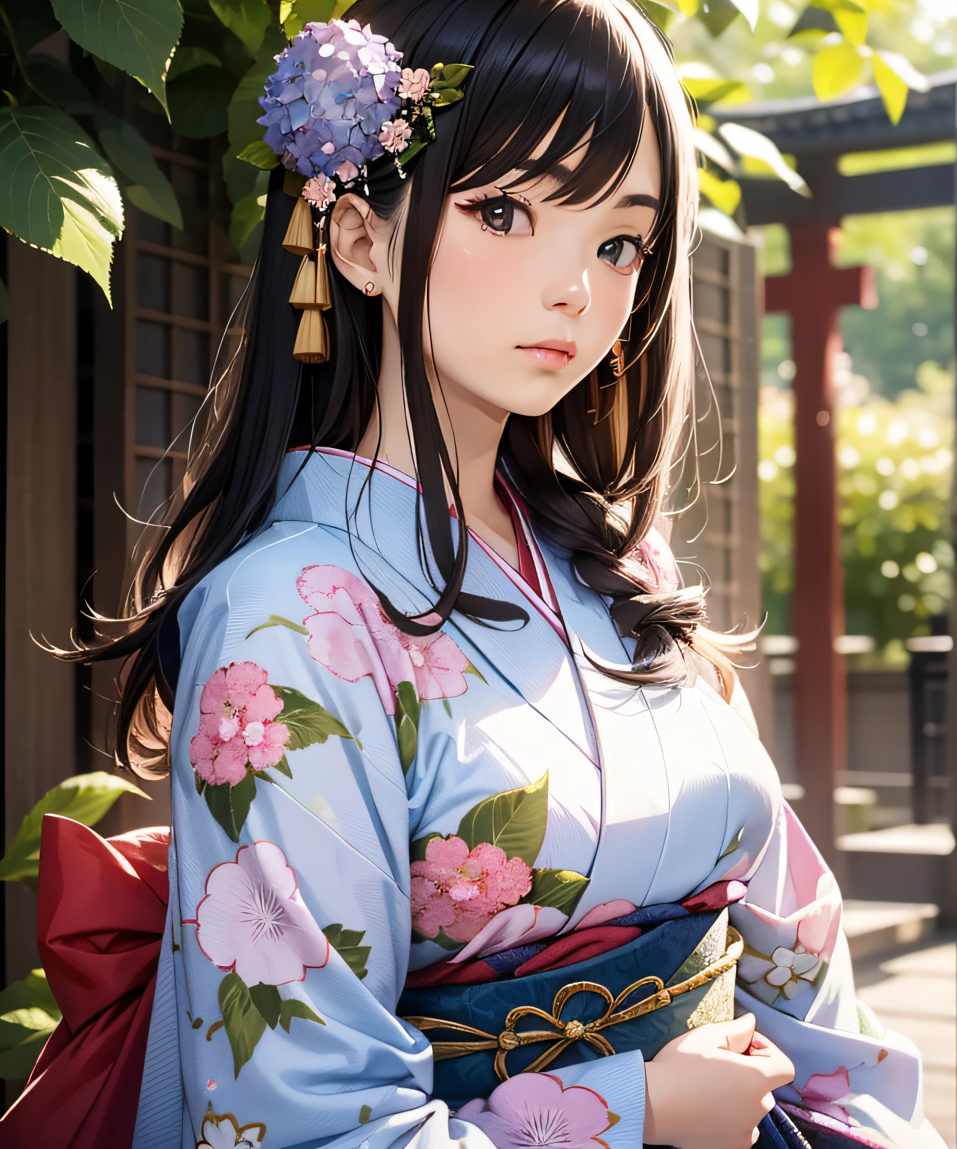 Masterpiece, realistic, Japan kimono woman with unaju, 18 years old, hydrangea patterned kimono, hydrangea shaped hair ornament