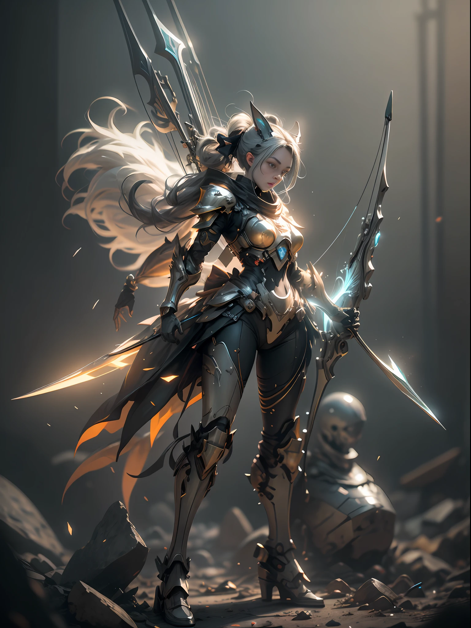 Ghost shooter with huge bow and arrow, super cool ghost shooter, wearing orange mechanical armor, huge bow and arrow, arrow feathers, open bow and arrow pose, tall, tall body, perfect and exquisite face, perfect body proportions, super detail, IP by pop mart, edge light, avatar, octane rendering, blender, full body, clean black background, 3d, c4d, best quality, very detailed, ancient technology, HDR (high dynamic range), ray tracing, nvidia RTX, Super Resolution, Unreal 5, Subsurface Scattering, PBR Textures, Post-processing, Anisotropic Filtering, Depth of Field, Maximum Sharpness and Acutance, Multilayer Textures, Albedo and Highlight Maps, Surface Shading, Accurate Simulation of Light-Material Interactions, Perfect Proportions, Octane Rendering, Two-tone Lighting, Low ISO, White Balance, Rule of Thirds, Wide Aperture, 8K RAW, High Efficiency Subpixels, Subpixel Convolution, Luminous Particles, Light Scattering, Tyndall Effect