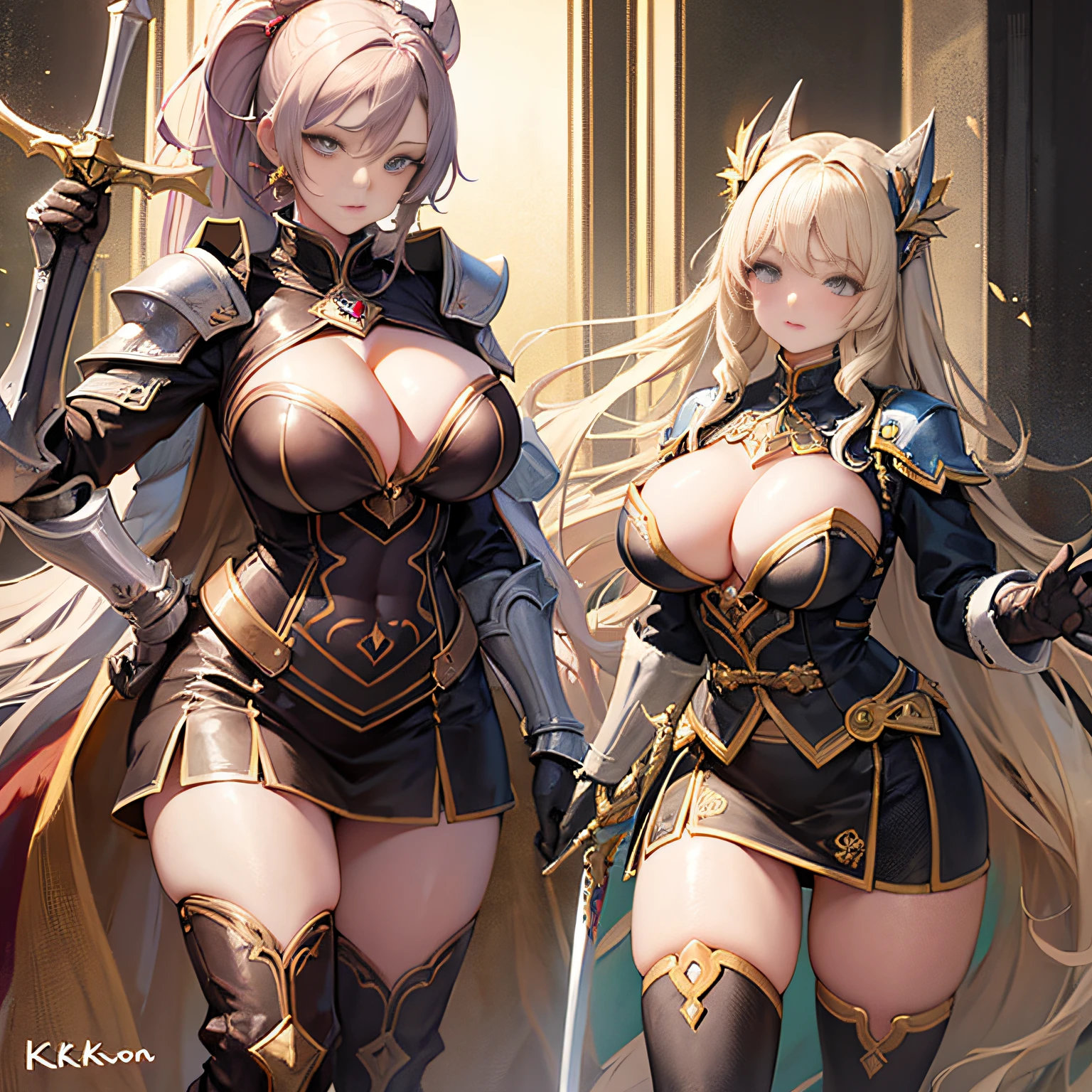 Peerless beauty, perfect slim body, mature royal sister face, long hair, curly hair, knight battle suit, sexy and seductive, beautiful face, full body portrait, standing pose, 4K picture quality, feminine expression, blush shyness, star-like deep eyes, huge breasts, short skirt, sword and magic. The bust is greatly large, fighting with Warcraft, speed lines, the best quality, masterpieces. Double ponytail