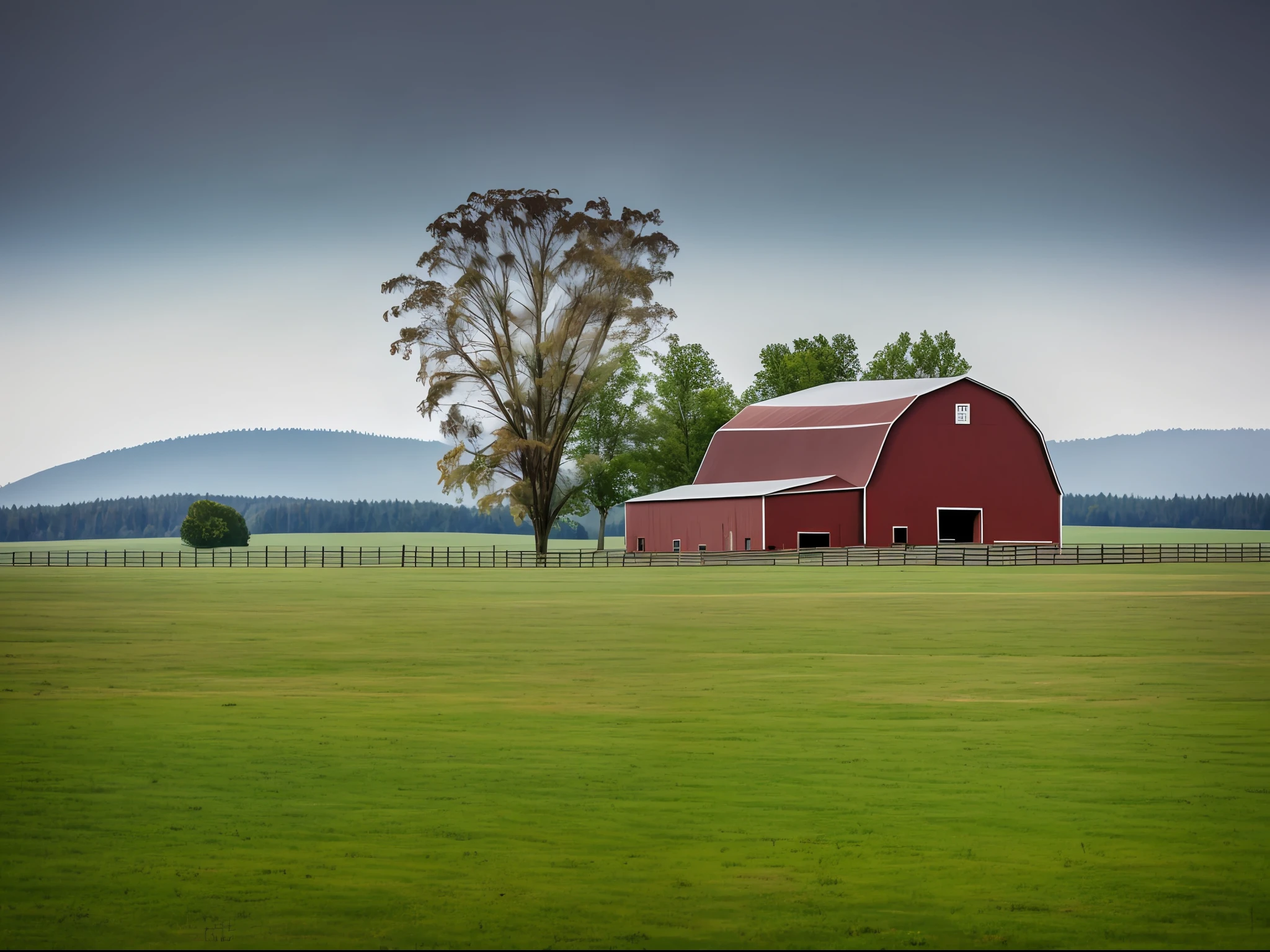 a green field (((no trees))) (((No mountains))) with gray sky and a barn in the background 100% focused with sigma 150mm lens and nikon d7200 f/5.6-6.3 G OSS, natural light, photography hyper-realistic, ultra-detailed –ar 3:2 –q 2 –s 750