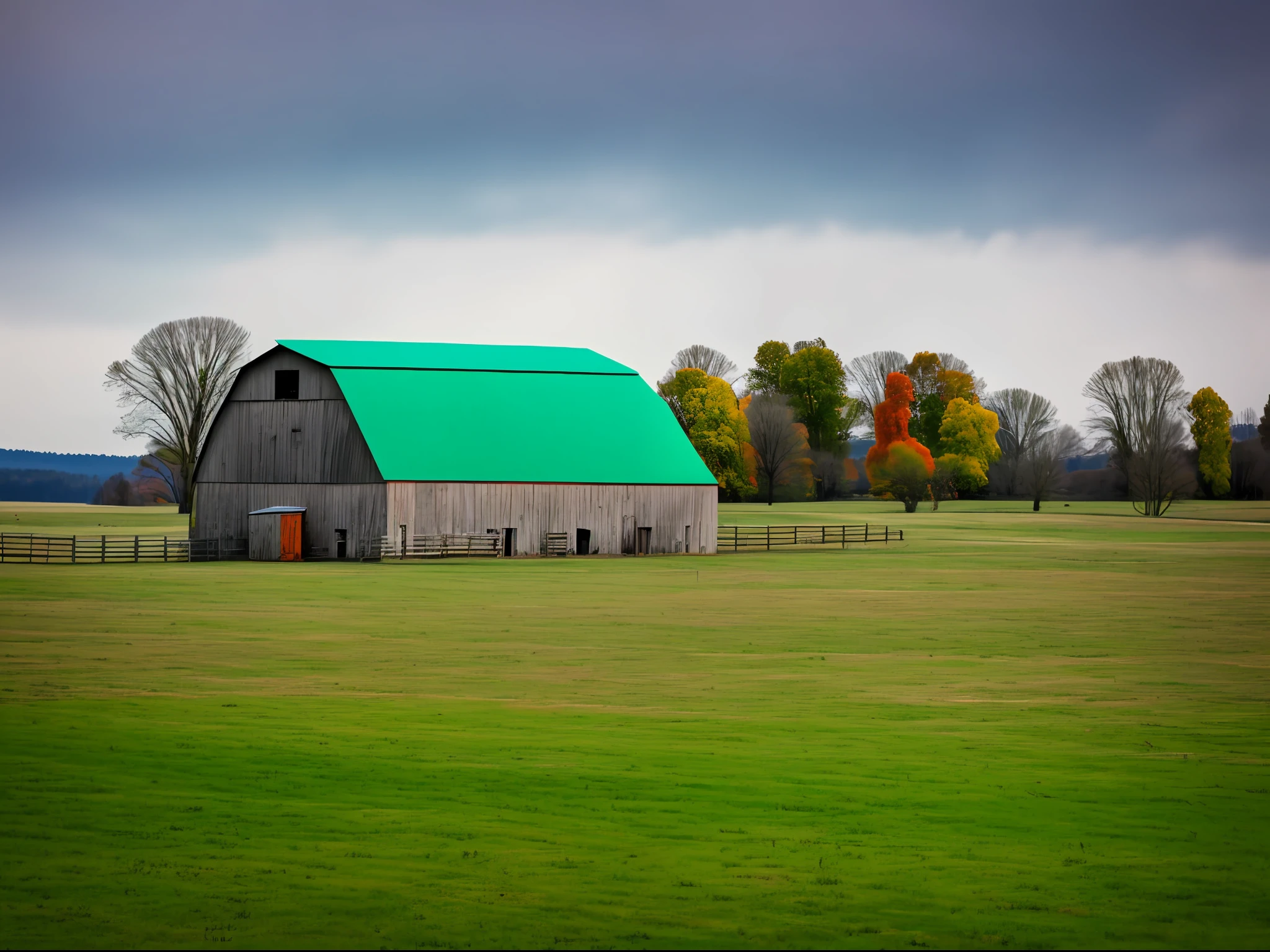 a green field (((no trees))) (((No mountains))) with gray sky and a barn in the background 100% focused with sigma 150mm lens and nikon d7200 f/5.6-6.3 G OSS, natural light, photography hyper-realistic, ultra-detailed –ar 3:2 –q 2 –s 750