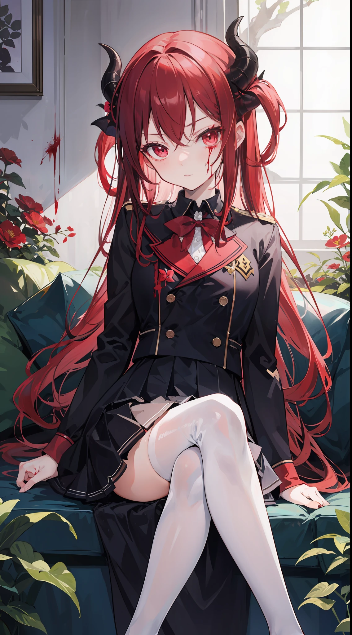 Inside the flower garden, there is a girl with dark red hair, she has horns, she is an envious demon, she is sin of envy, and have blood in her uniform, she sitting around flower of death, she is demon of envy, she wear white school uniform
