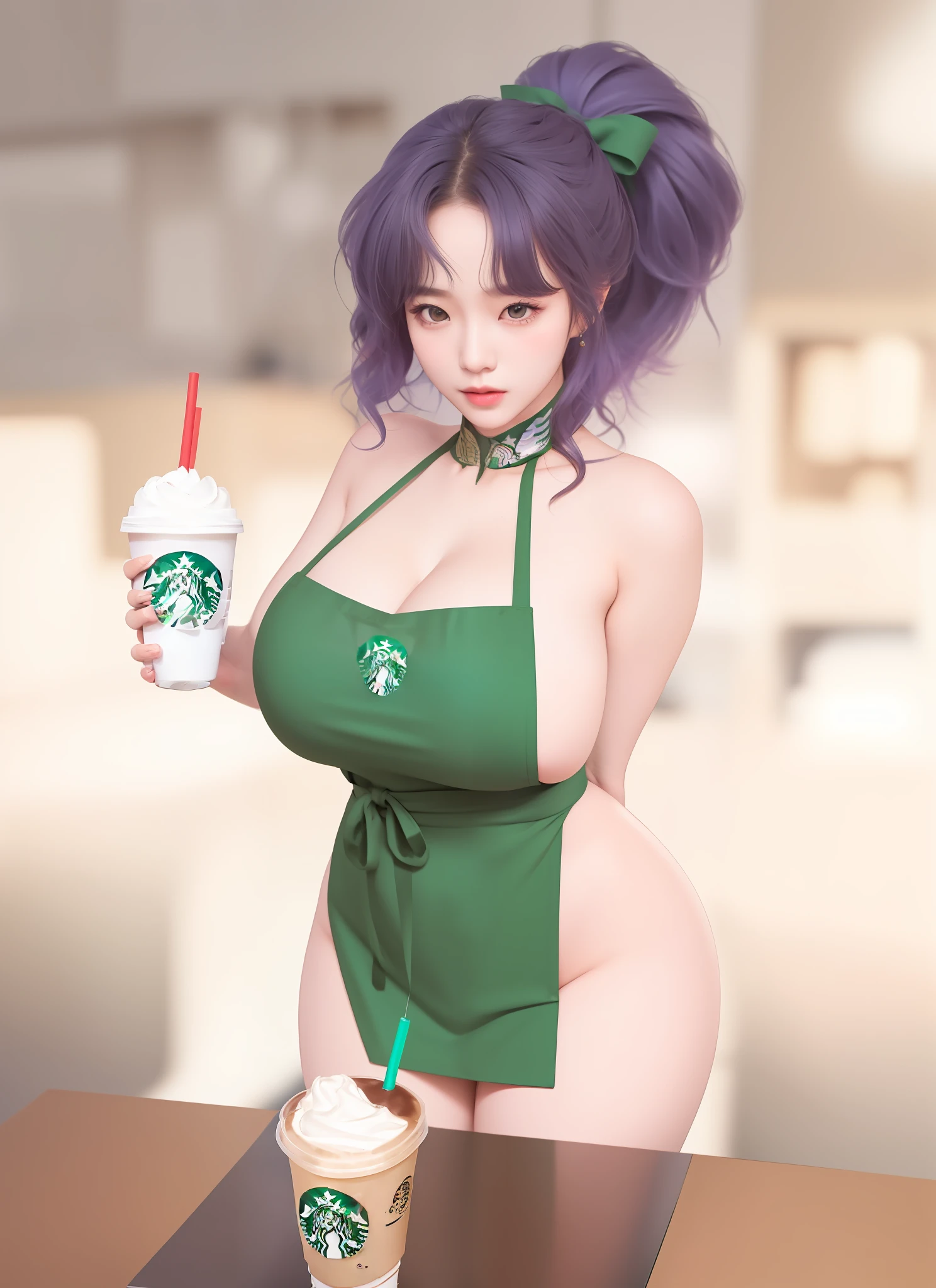 An Idol k-pop girl, cute face, braid hair, intricate face details, detailed face, golden ratio face, ((big breasts:1, slim waist, big butt, big hip, big thighs)), ((intricate hands, intricate feets)), full body, 64K, UHD, HDR, global illumination, (high quality, high detailed, hyper detailed, extremely detailed), photo realistic, ultra realistic, art photo, (clarify the details, detailed parts body), intricate artwork masterpiece, trending on artstation, (lewd face), tight clothes, shop background, ((right hand holding Starbucks, left hand holding pen)), wearing apron