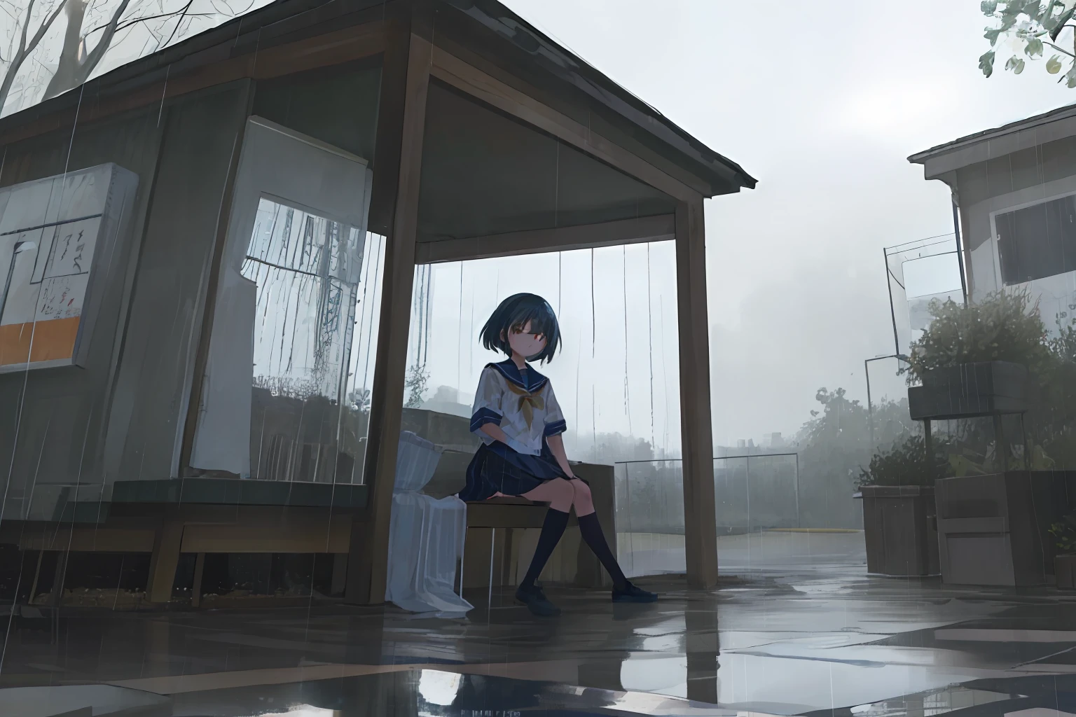 It depicts a scene in which Suzu Hirose is sitting in a sailor suit. Her skirt is short, the center of gravity is at the back. She does not wear underwear, but the fact is evident from the fact that her clothes show through in the rain. She is looking straight at the camera. This scene was shot in the rain, which creates the effect of showing through the clothes. This photo is depicted in ultra-realistic style with detailed details. The light is scattered by the rain, giving the whole scene a subtle glow. The colors emphasize the contrast between Suzu Hirose's sailor suit and the surrounding rain-soaked environment. The camera captures her head-on, whose gaze is directed directly at the viewer. --ar 16:9 --v 5.1 --style raw --q 2 --s 750